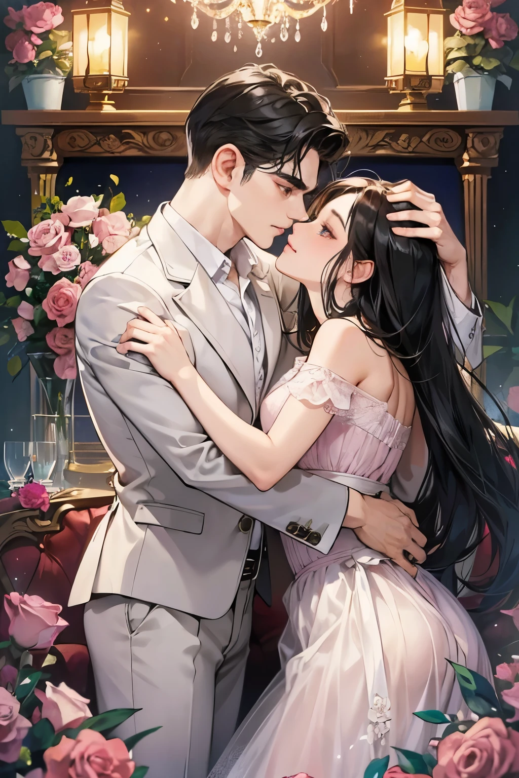 (table top, digital art, digital illustration, 4k, 8k, Super detailed, beautiful images, clear image, realistic, RAW photo, perfect face, perfect lines, perfect eyes, soft lighting) 1 female, (long black hair,straight hair,bullish look,Beautiful woman,mode、one piece、solid makeup,23 year old female,small breasts:1.3),Two handsome men in suits, (human,man wearing a suit,muscular,solid shoulder width,adult male,boyish hairstyle,british gentleman style、A man in his 30s with a cool expression,28 year old man with a bright smile:1.2),antique furniture,antique clamp,antique chair,chandelier,crystal glass,luxury,fantastic light,marble fireplace,(bouquet of pink roses:1.2),antique sofa,Leather sofa,beautiful tears、kiss、couple、couplekiss、romance porn、見つめ合うcouple