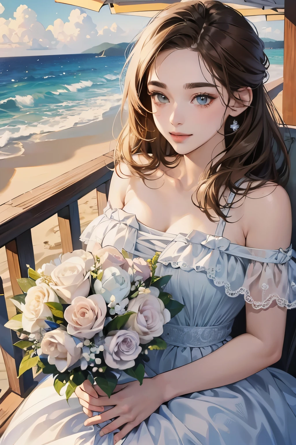 (table top, digital art, digital illustration, 4k, 8k, super detailed, beautiful images, clear image, realistic, RAW photo, perfect face, perfect lines, perfect eyes, soft lighting) 1 female, (light brown hair,chignon hair,innocent look,droopy eyebrows,droopy eyes,With a round face,round chin、innocence,cute,Big eyes,natural makeup,smile gently,E cup,23 years old:1.3),Two handsome men in suits, (human,man wearing a suit,muscular,solid shoulder width,adult male,boyish hairstyle,A man in his 30s with a cool expression,28 year old man with a bright smile:1.2),coastal、beach wedding,(embarrassing,shy smile,bouquet:1.2),Sea side、kiss、カップルkiss、romance porn、couple looking at each other、couple hugging each other