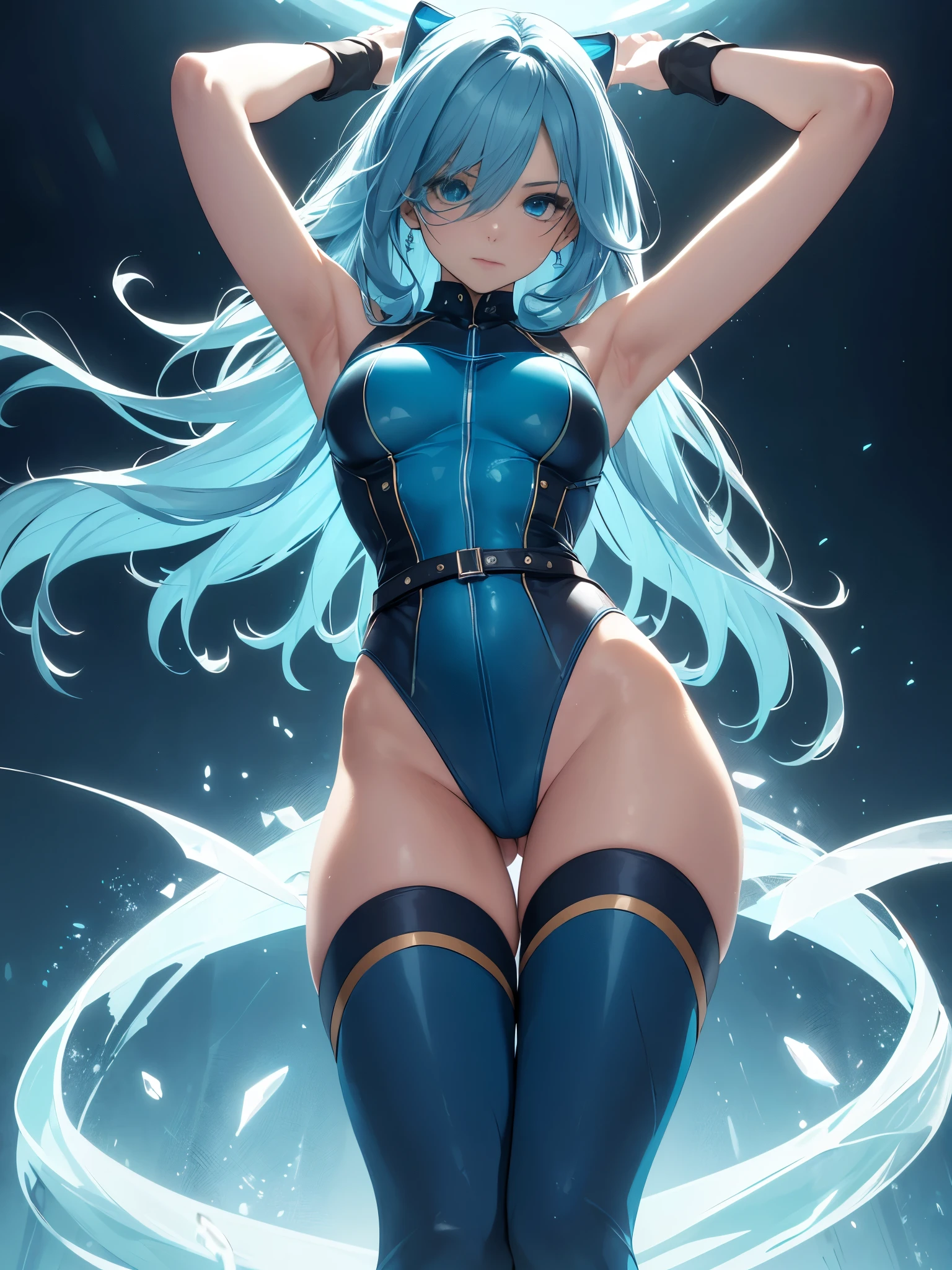 best quality, 32k, RAW photo, incredibly absurdres, extremely detailed, delicate texture, intelligent beauty, medium hair, (armpit-length hair, blue hair), aquamarine eyes, hair over one eye, (blue leotard with green accents), (tight belt), matching gloves, matching boots, ankle boots, close eyes, closed mouth, (body infused with frost, powering up), cowboy shot, full body shot, raised arms, blue beam emitting from her body, straight legs,