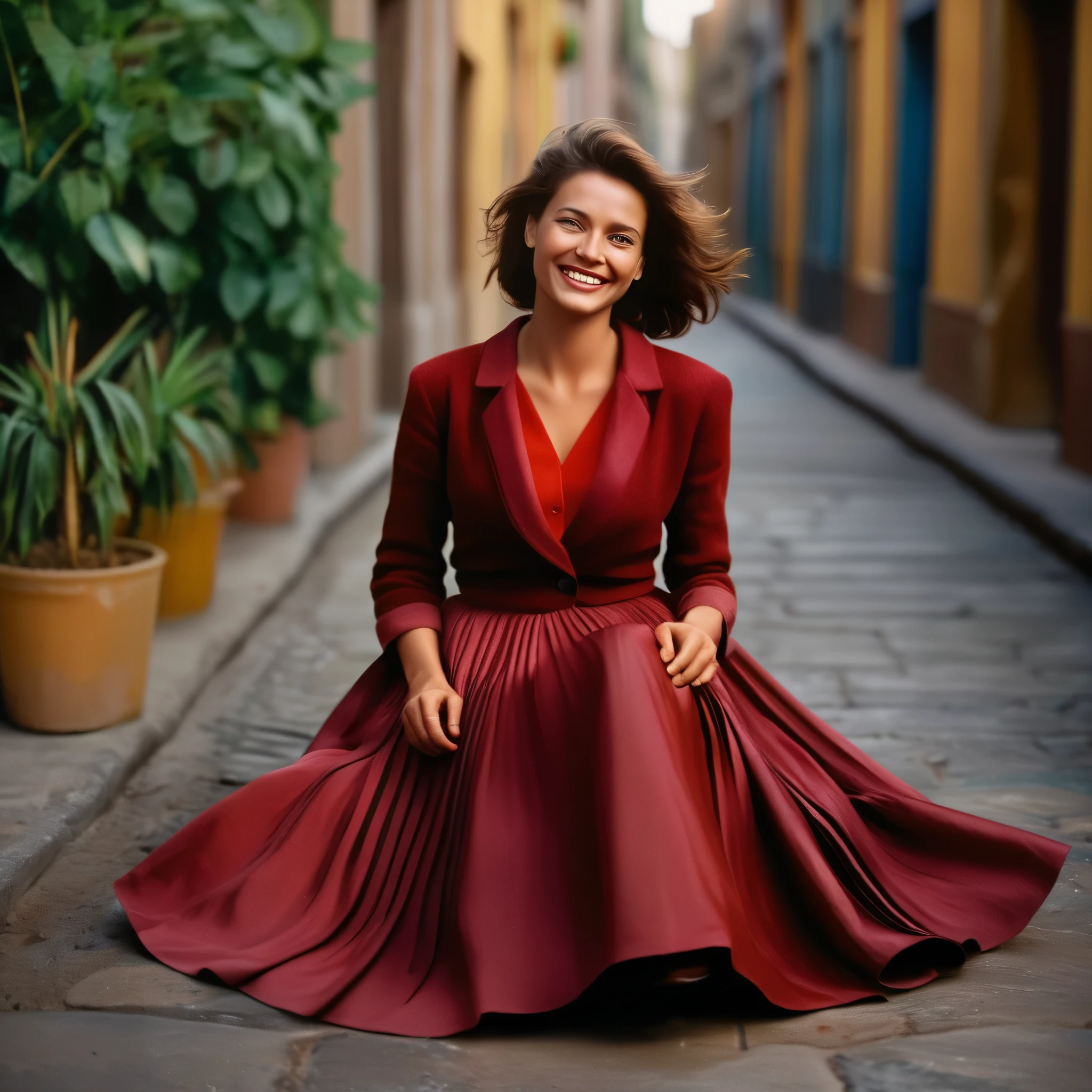 A smiling, authentic, (shy:1,3), kind, beautiful woman, is passionately in love with her skirt, sitting down on the ground while wind lifts her skirt, wearing short blazer and very, very detailed (long (fully pleated) full circle skirt) and (low heeled court shoes), very, very intricate hyper-detailed symmetric (attractive graceful young feminine face) with (sad, tired eyes and a loving smile), very voluptuous breasts, full of empathy and compassion and love, (pronounced (feminine) features), (highly detailed ultra accurate realistic) hands and fingers, (windy), epic composition, highly detailed attributes, (35mm f1.4 Kodak portra 400 photograph), extremely high quality RAW photograph, highly detailed atmosphere, sci-fi, cinematic shot, dynamic lighting, 75mm, Technicolor, Panavision, cinemascope, sharp focus, fine details, 8k, HDR, realism, realistic, key visual, film still, superb cinematic color grading, depth of field