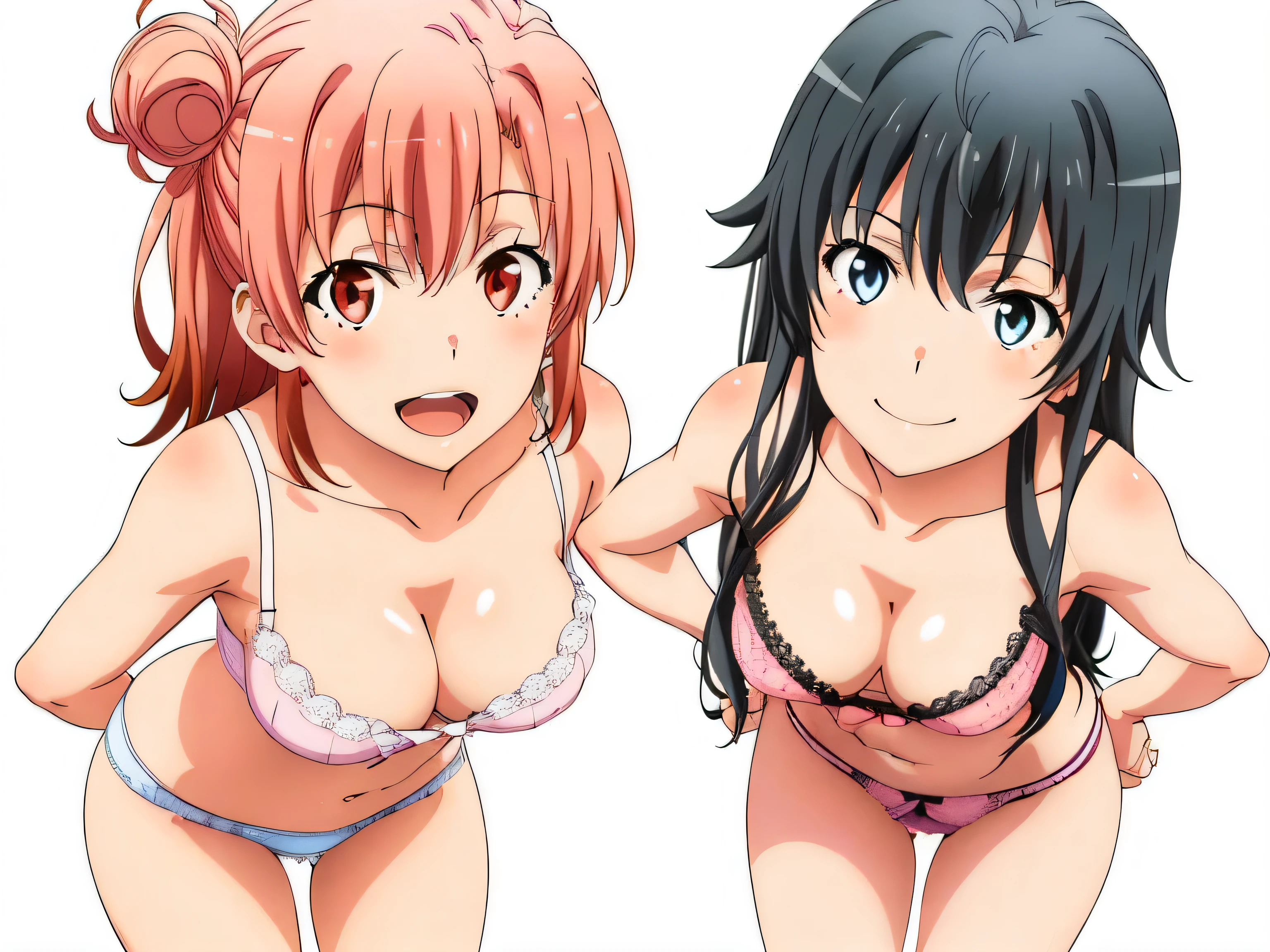 ((2 girls:1.0)), (Yuigahama Yui shapely breasts),(Yukinoshita Yukino),no background,In sexy underwear,,Ribbon on panties,Two people wearing pink panties,belly button,thighs,knees,calf,front,looking at camera,(high angle),open your mouth,smile,Panoramic view of the head,beautiful eyes