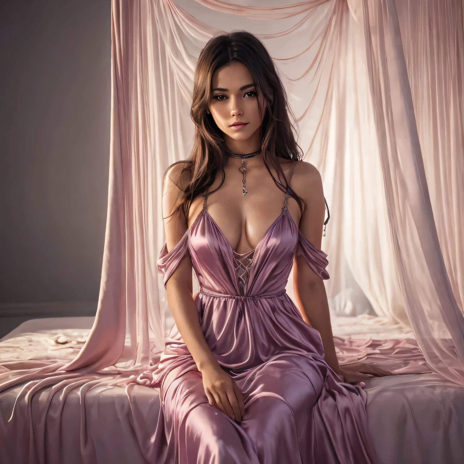 one girl tied up by another one,(bright lighting,romantic setting),dreamy background,bondage,dark hair, mesmerizing gaze, , soft skin, alluring beauty, artistic portrait, high-quality image, vibrant colors, long silk gown, in the bed, mosquito net