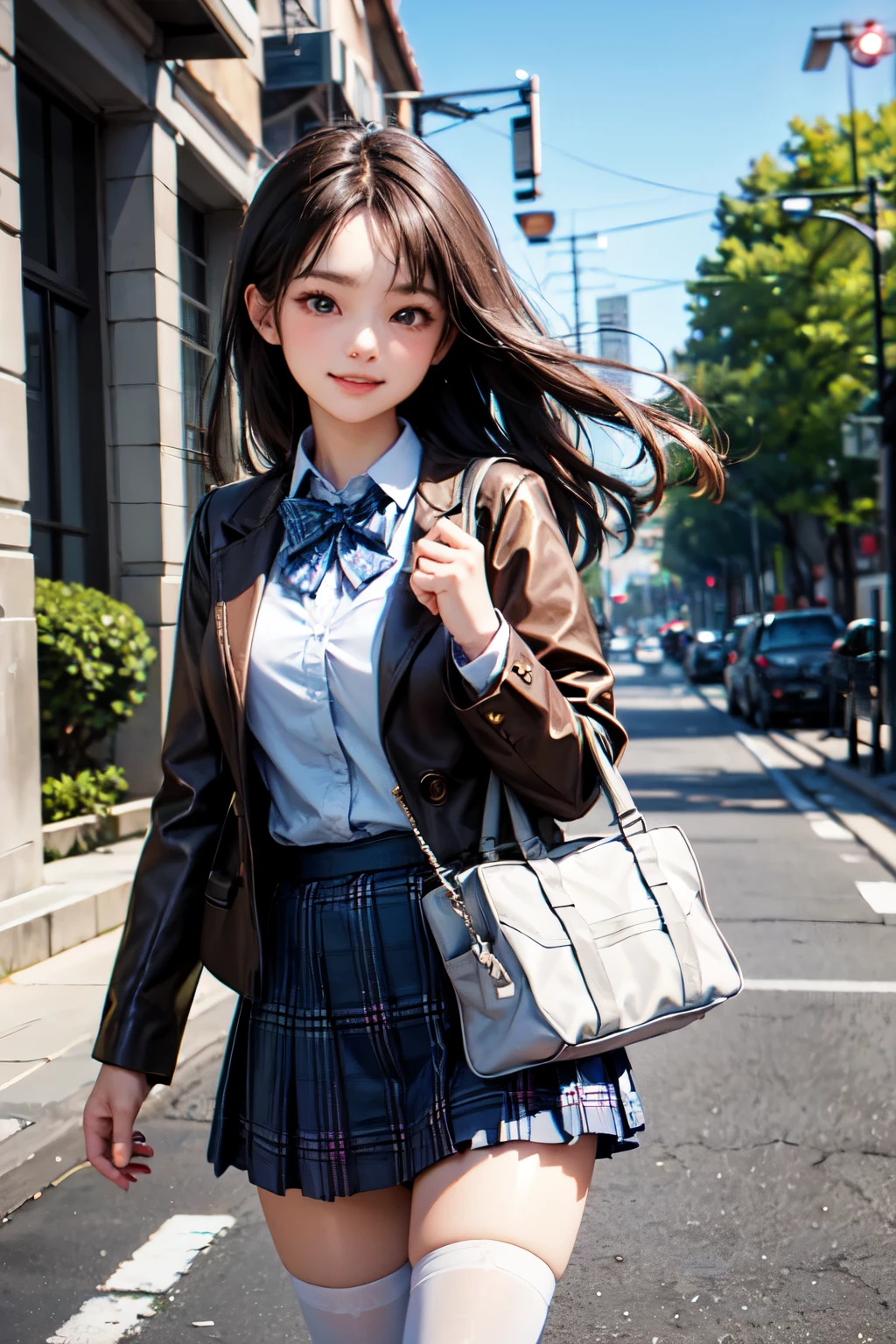 very cute and beautiful girl,teen,(highly detailed beautiful face),(smile:1.2),happy,cowboy shot,
(brown jacket:1.12),collared shirt,plaid bowtie BREAK detailed legs,zettai ryouiki,brown shoulder bag,
stylish pose,hair pin,black hair,(blue plaid mini skirt:1.2),stone gate,school entrance,colorful rose flowers,
(best quality,masterpiece:1.2),absurdres,highres,ultra-detailed,extremely detailed,32k,8k resolution,
intricate details,cinematic scene,detailed background,solo,dynamic angle,
hair fluttering in the wind,beautiful detailed sky,