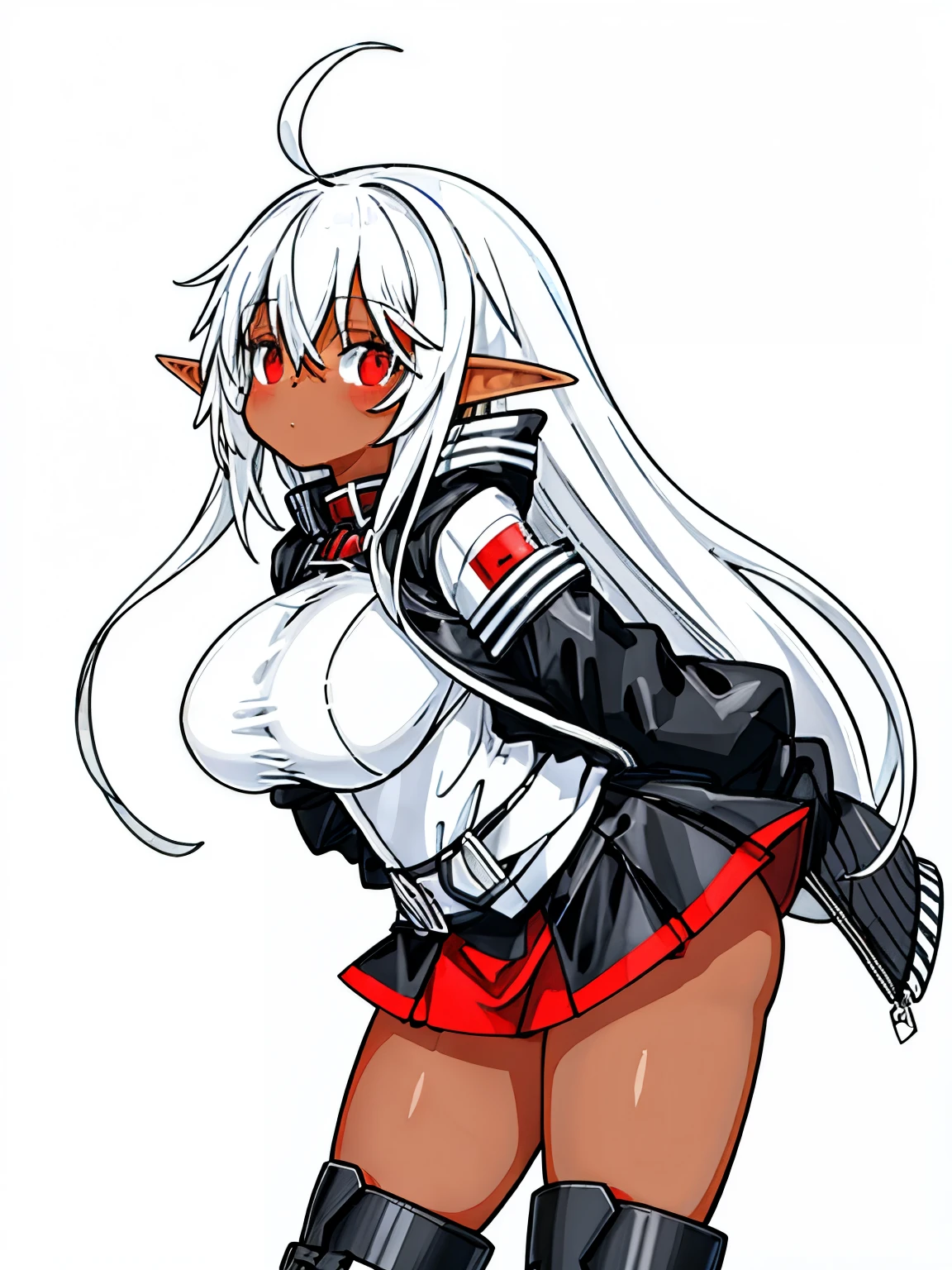 (tanned elf girl), (huge tits:1.2), (white background:1.5), (black jacket red miniskirt:1.3). (arms behind back:1.0)