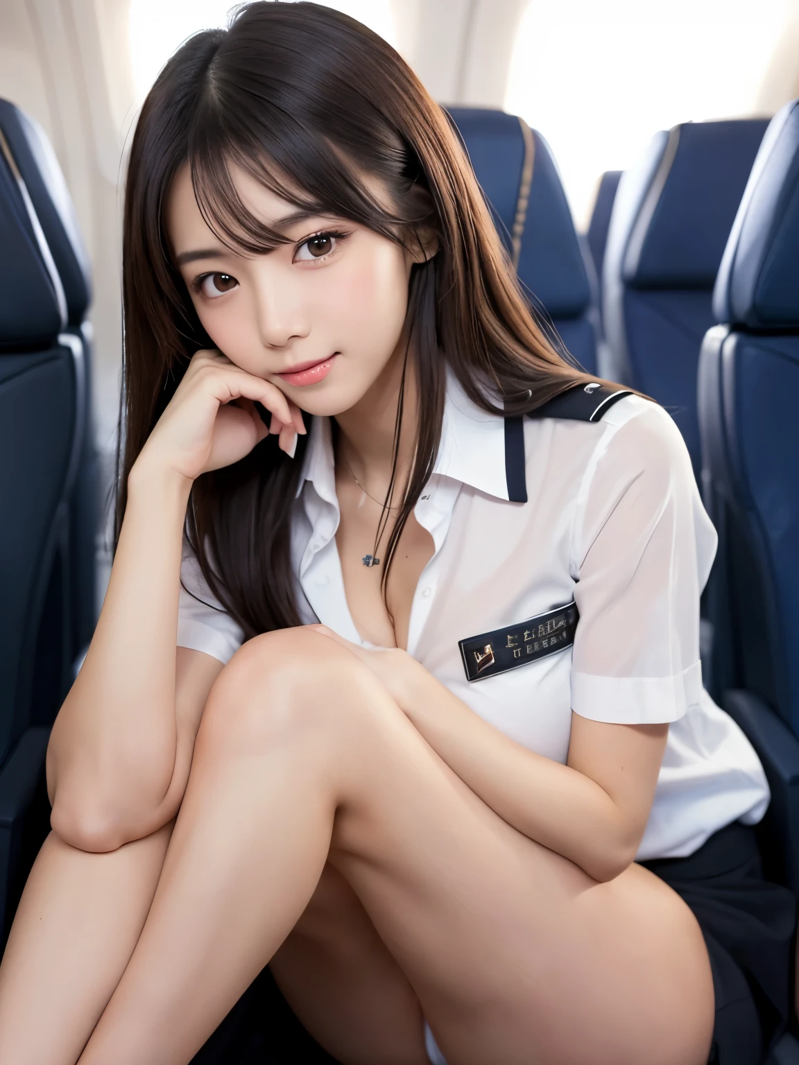 (looking at viewer:1.3), (masterpiece:1.3)、Super detailed finish、(High resolution、8k:1.3)、(highest quality)、(Super realistic like a photo:1.3)、correct limbs:1.3、anatomically correct, The face is in focus、close up on face:1.1、 ultra high definition face、Face is in focus、Ultra high definition and beautiful eyes、focused eyes、Eyes are symmetrical:1.3、High-definition and beautiful skin、firm skin、Ultra high definition hair texture、Japanese high school girl、、very cute, short hair, cabin attendant, (Japan Air Line cabin attendant uniforms:1.3), in a airplane, (Sitting with legs bent and knees hugged:1.3), thin legs、beautiful legs、panties、small breast, C cup、cleavage, (embarrassed:1.3), (blush:1.3), (Strange look:1.3), Awkward pose:1.3、dynamic pose, Mr.々shooting angle:1.3, looking at viewer:1.3, nsfw