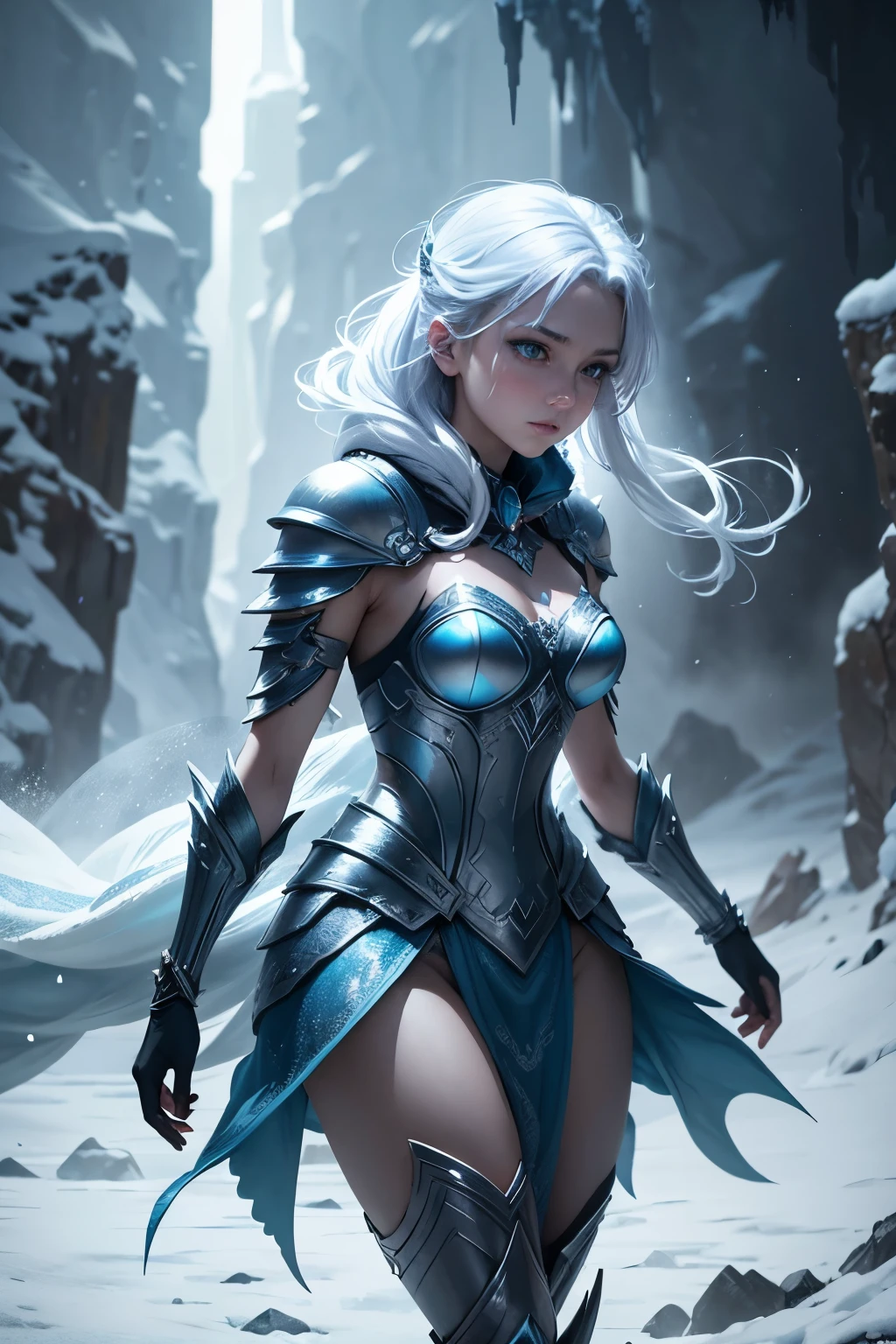 An icy figure towers over the frozen landscape, its minimal red armor glinting faintly in the frigid light. The ice warrior's piercing red eyes reflect the bitter cold,contrasting starkly with its ice blue body. A game monster of legend, its mighty form exudes an aura of power and menace. The intricate ice crystals that cover the warrior's armor shimmer and dance in the cold wind, amplifying the eerie silence of the frozen realm.
