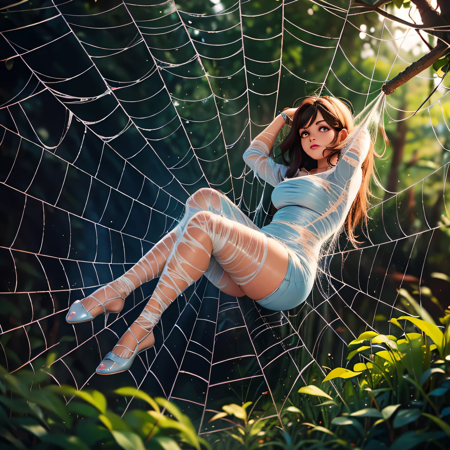 a girl with frightened eyes,caught by surprise,desperate look,flying hair,entangled in the sticky spider web,trying to break free,struggling to escape,clothes getting torn,a dusty classroom with old wooden desks and chairs,faded blackboard with chalk writings,books scattered on the floor,sunlight sneaking through the dusty windows,a large spider web covering the whole ceiling,cocoon spinning around the girl,silky strands hanging from the ceiling with dew drops glistening,a giant spider lurking in the corner of the web,its eight legs creeping along the threads