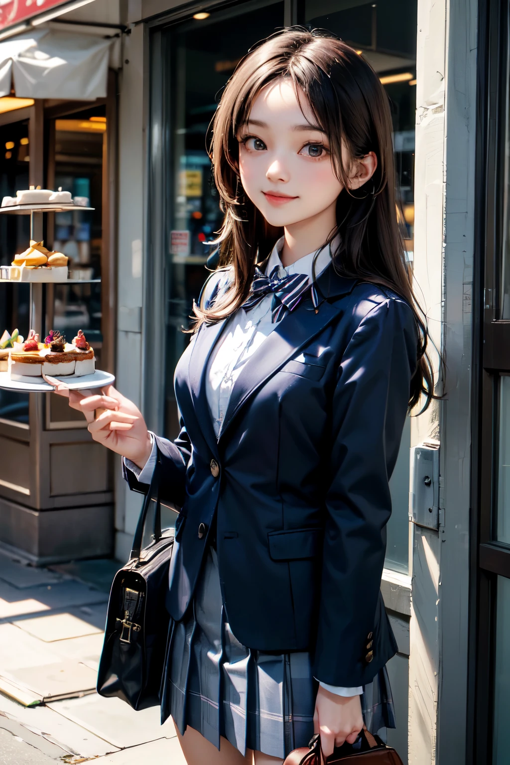 very cute and beautiful girl,teen,(highly detailed beautiful face),
(blue blazer school uniform, pleated tanding in front of cake shop show window,
(smile:1.2),cowboy shot,holding school bag,hair pin,black hair,downtown street,
(best quality,masterpiece:1.2),absurdres,highres,ultra-detailed,extremely detailed,32k,8k resolution,
intricate details,cinematic scene,detailed background,solo,dynamic angle,hair fluttering in the wind,