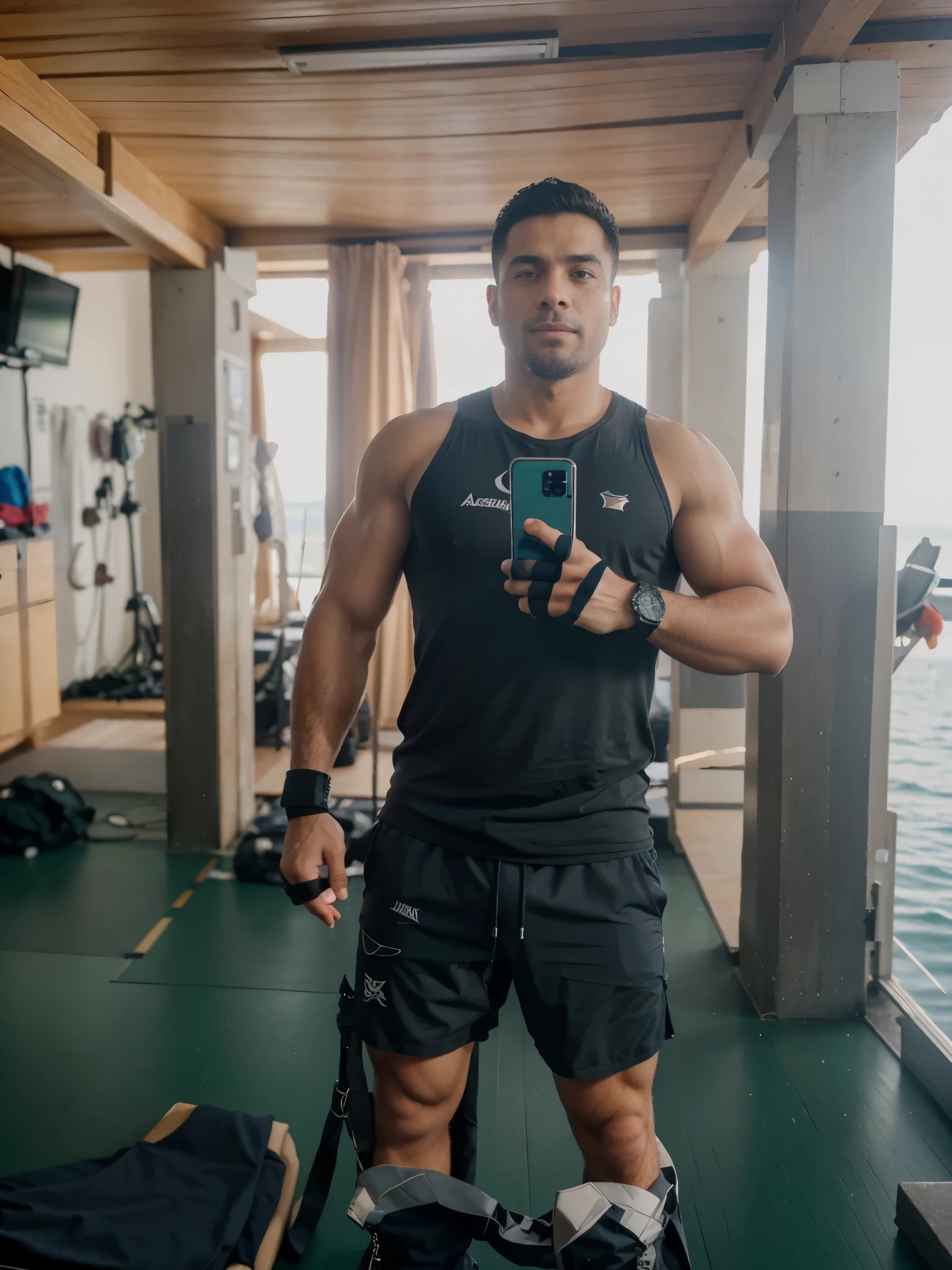Um Homen, extremamente realista, forte, musculoso, em uma academia, fundo academia, usando regata, bermuda, usando luva de academia selfie no espelho, 8k