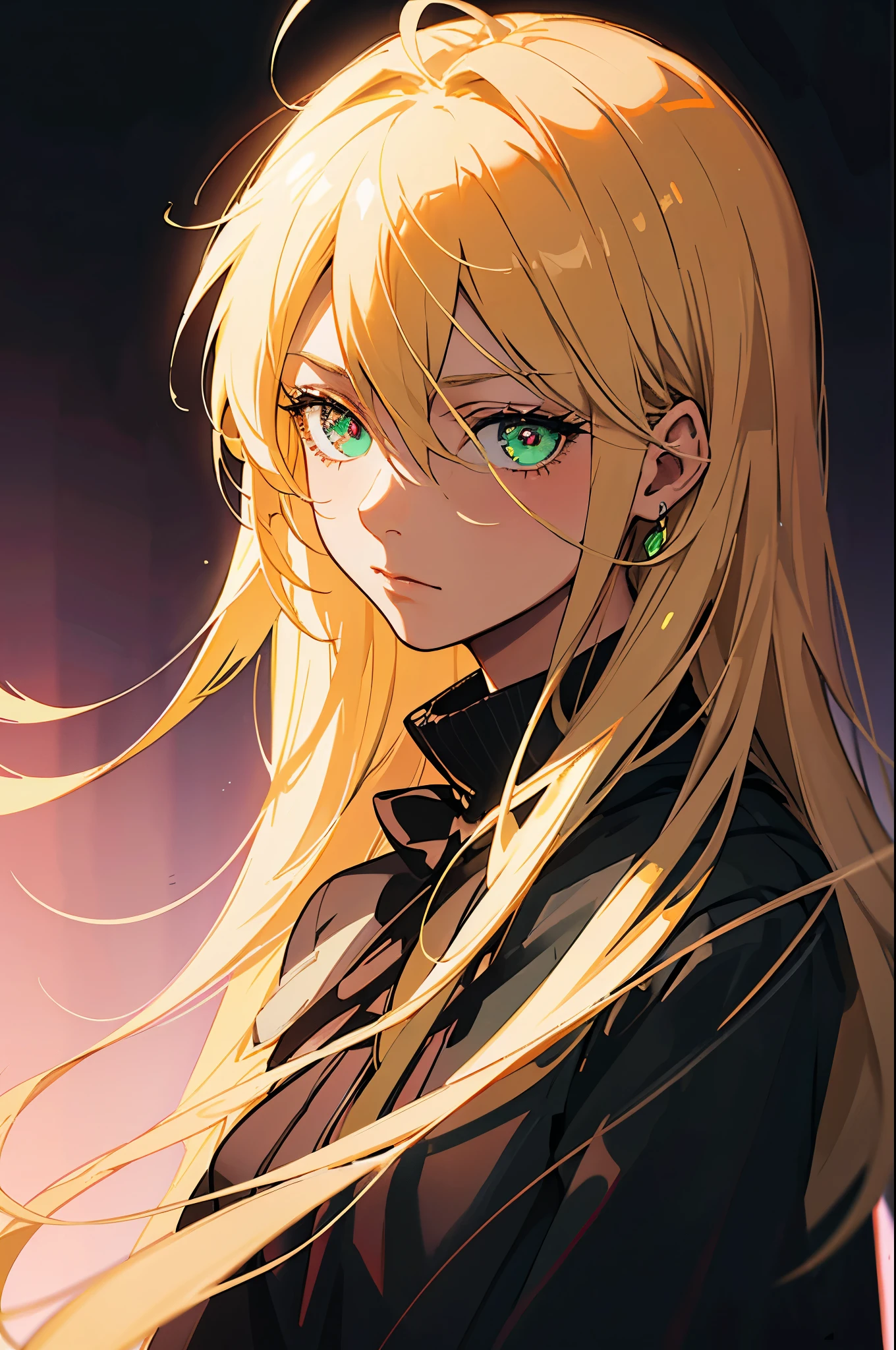 beautiful girl, close-up, darkness, dark picture, blonde hair, green neon eyes glowing in the dark, darkness, black background, light shine on the side of hair and fase, anime picture, perfect symmetrical eyes and pupils