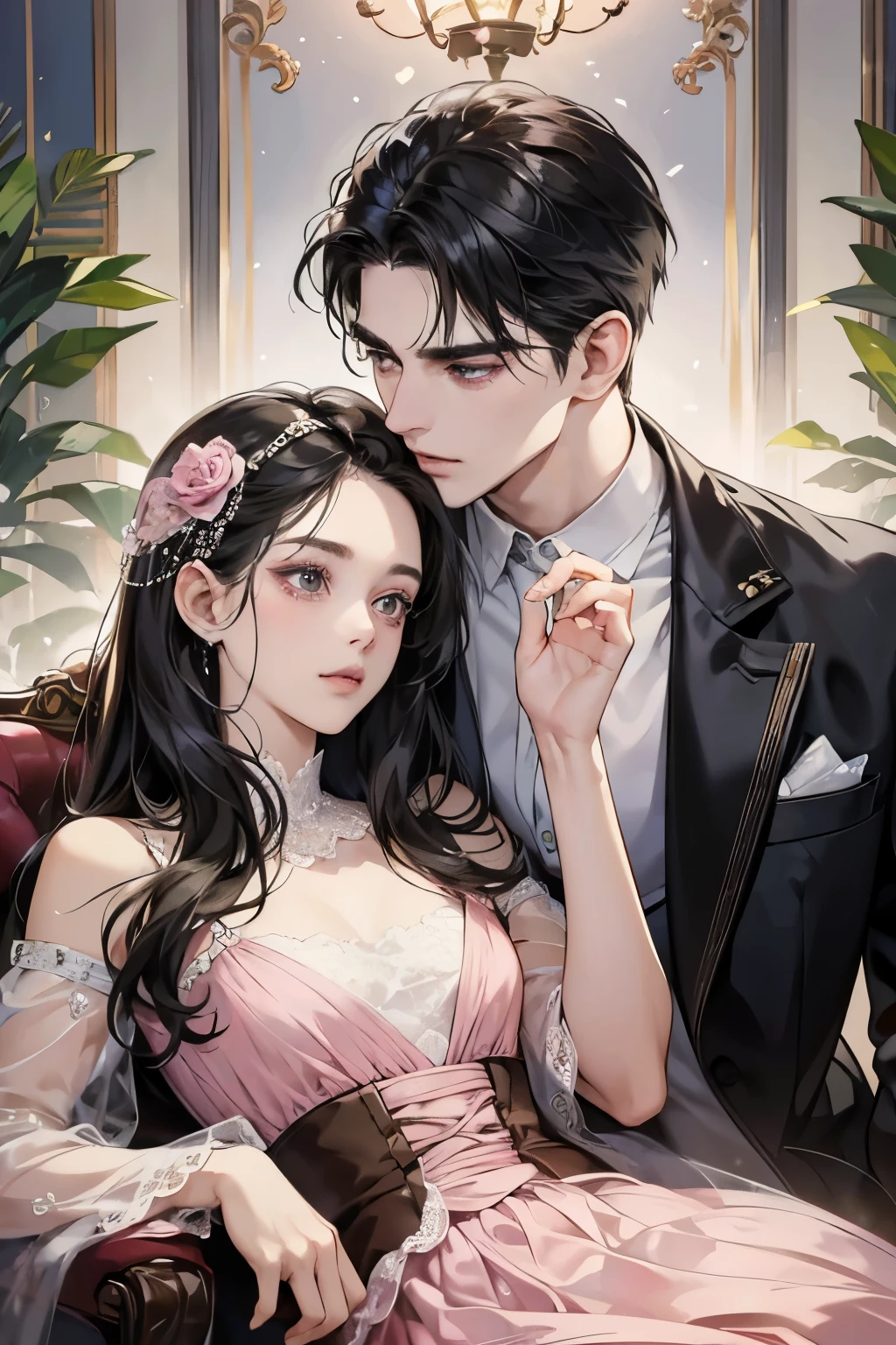(table top, digital art, digital illustration, 4k, 8k, Super detailed, beautiful images, clear image, realistic, RAW photo, perfect face, perfect lines, perfect eyes, soft lighting) 1 female, (long black hair,straight hair,bullish look,Beautiful woman,mode、one piece、solid makeup,23 year old female,small breasts:1.3),Two handsome men in suits, (human,man wearing a suit,muscular,solid shoulder width,adult male,boyish hairstyle,british gentleman style、A man in his 30s with a cool expression,28 year old man with a bright smile:1.2),antique furniture,antique clamp,antique chair,chandelier,crystal glass,luxury,fantastic light,marble fireplace,(bouquet of pink roses:1.2),antique sofa,Leather sofa,beautiful tears、kiss、couple、couplekiss、romance porn、見つめ合うcouple