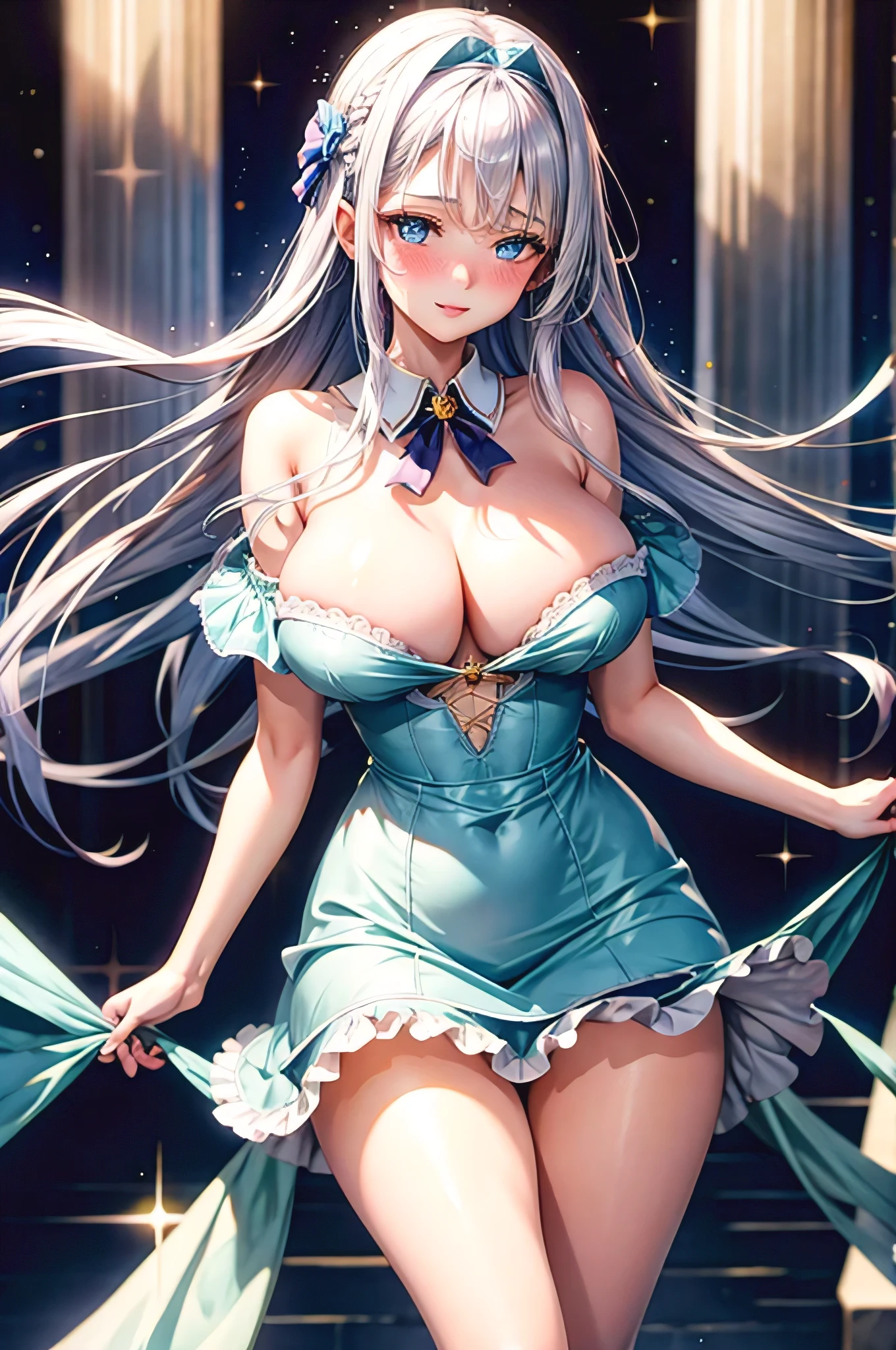 1 girl, 17yo, transparent beauty, beautiful girl, 4K quality, Super detailed, highest quality, face focus,Beautiful detailed face,
detailed face, perfect face, deep and fine eyes, sparkling eyes, cute eyes, Expectant smile, parted lips, (blush:1.3), shiny silver hair, Long straight floating hair, we say, (Beautiful eyes with shiny light blue reflections), (huge breasts), shoot from the front, looking at the viewer, french maid, maid dress,pinch the skirt with both hands,