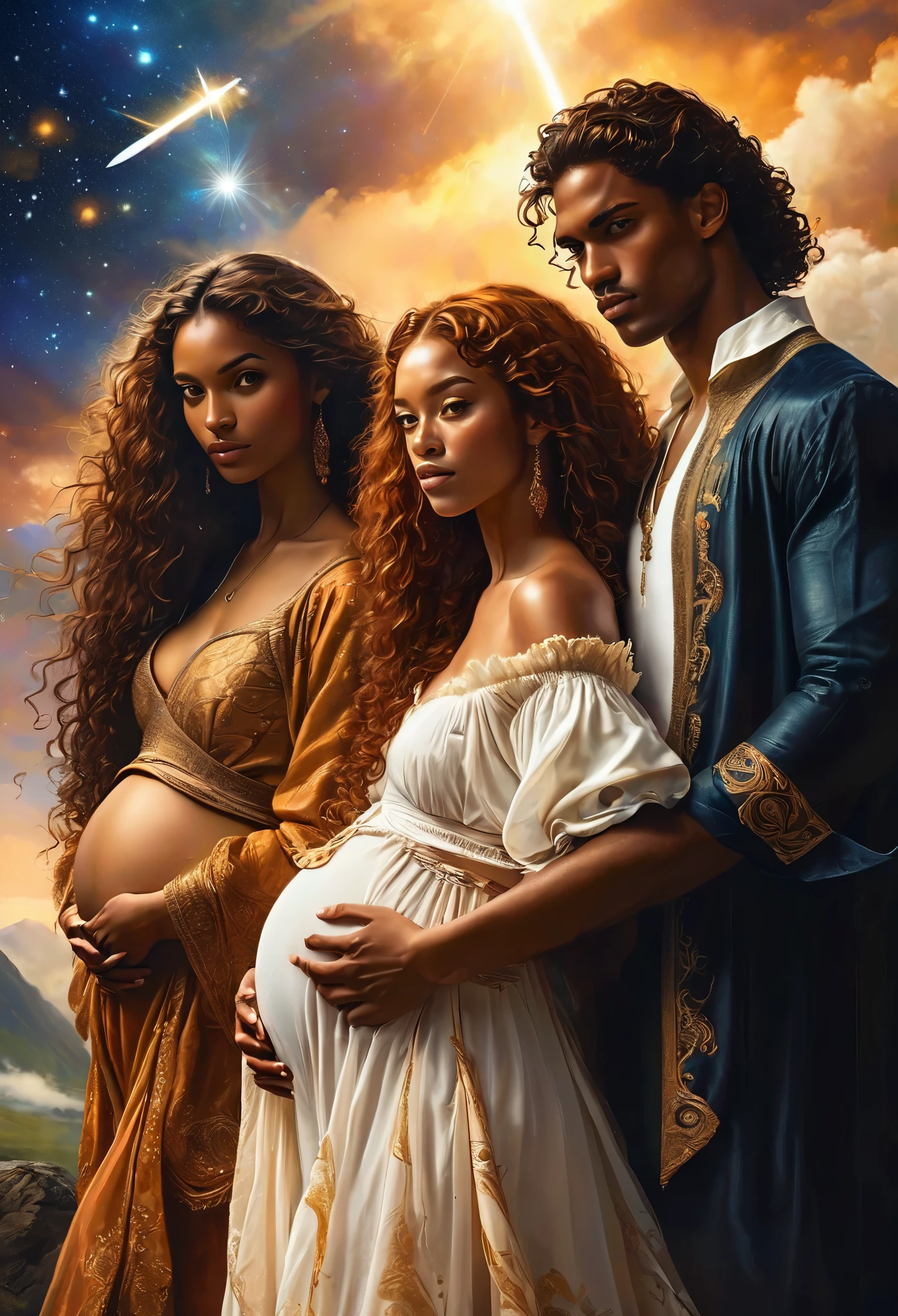 In a celestial landscape, four people dressed luxuous, differents faces, they are all darkskin, (((young, in 20's))) (((two brown skin men and two brown skin woman))), (((two young brown skin long dark hair duke:1.3))), (((one brown skin dark hair pregnant1.5 woman))) and (((one brown hair woman1.3))), (they are two différent and separate couple1.2). (Two couple of four people:1.2). The first couple is a brown skin duke long dark curly hair with a ginger long hair pregnant woman. The second couple is a brown skin duke curly dark hair with a short brown hair woman, (((ginger hair brown skin woman and brownskin:1.5))) trying to kill him with swords, dangerous scene, war, battle
