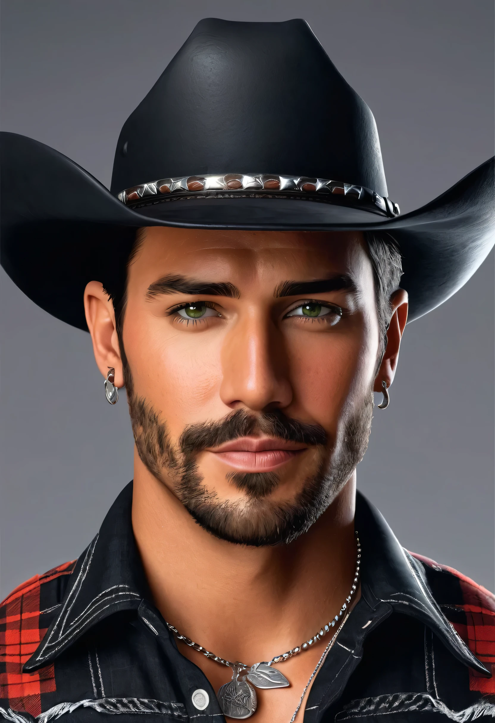 Create a hyper-realistic portrait of an American cowboy with sharp features and a beautiful tan skin tone. Ele tem curto, cabelo preto raspado e claro, possivelmente olhos verdes ligeiramente inclinados para cima, indicating attention or slight surprise. Your eyebrows are thin and well defined, complementando seus olhos. Your skin is fair and slightly tanned, with careful maintenance. Ele ostenta um curto, barba meticulosamente aparada que se conecta perfeitamente ao bigode. He is dressed in a black plaid shirt, Jeans rasgado, and a backwards black baseball cap, adornado com tatuagens, um colar de prata, e brincos. O fundo apresenta uma cena de rodeio com cavalos, emulando uma foto tirada com uma Canon EOS 5D Mark IV em 1/800s, f/2.8, ISO 250, com tons vermelhos saturados, detalhes finos, e uma atmosfera alegre, mas sedutora e emocional. original representation of the American cowboy without elements that suggest poor quality or deformation,