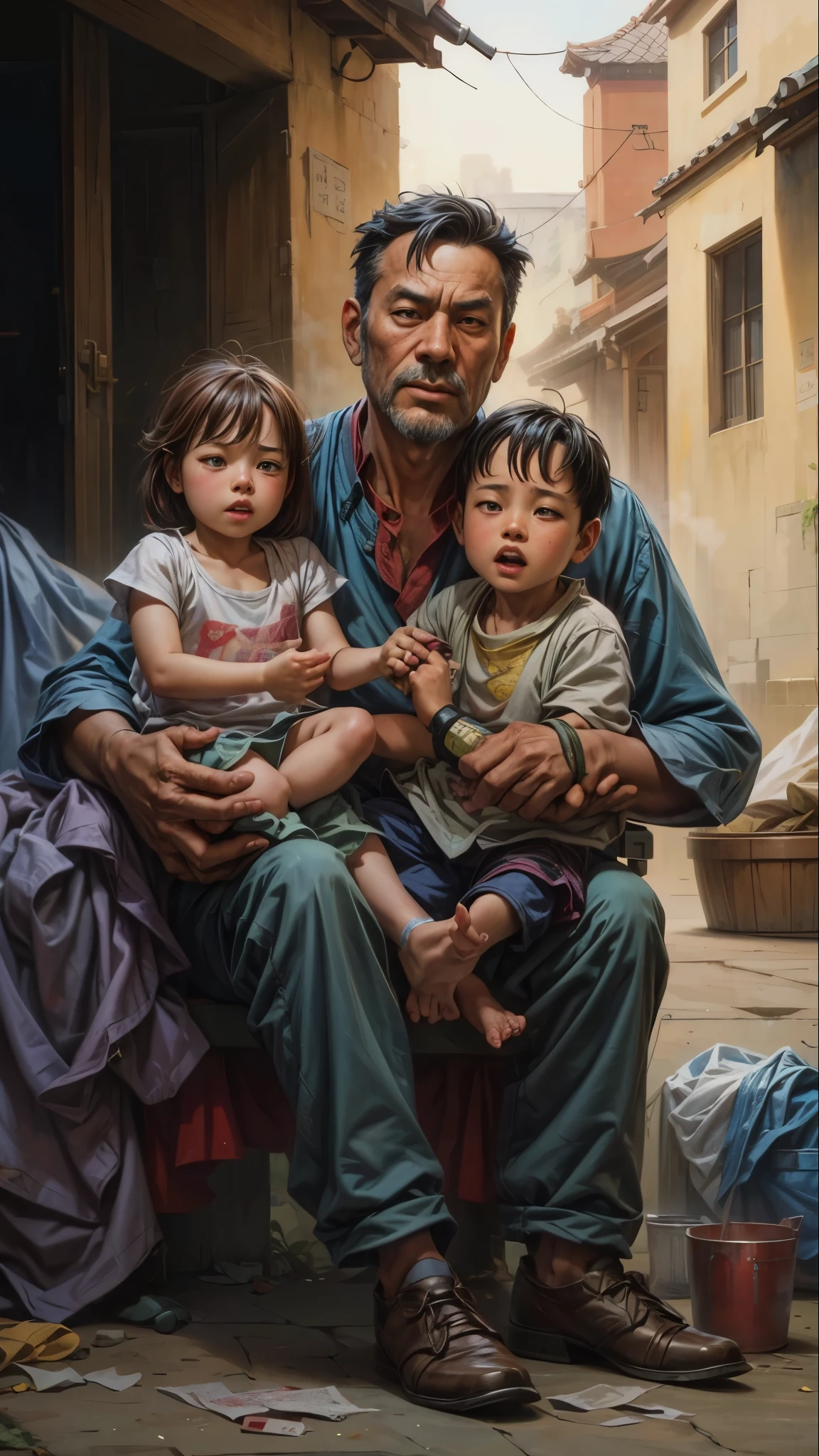 there is a man sitting on a bench with two children, by Liang Kai, by Ji Sheng, by Bian Jingzhao, yanjun chengt, by Lin Liang, by Liu Jun, realistic oil painting, by Chen Jiru, by Sheng Mao, by Liu Jue, by Wen Zhengming, by Hong Ren