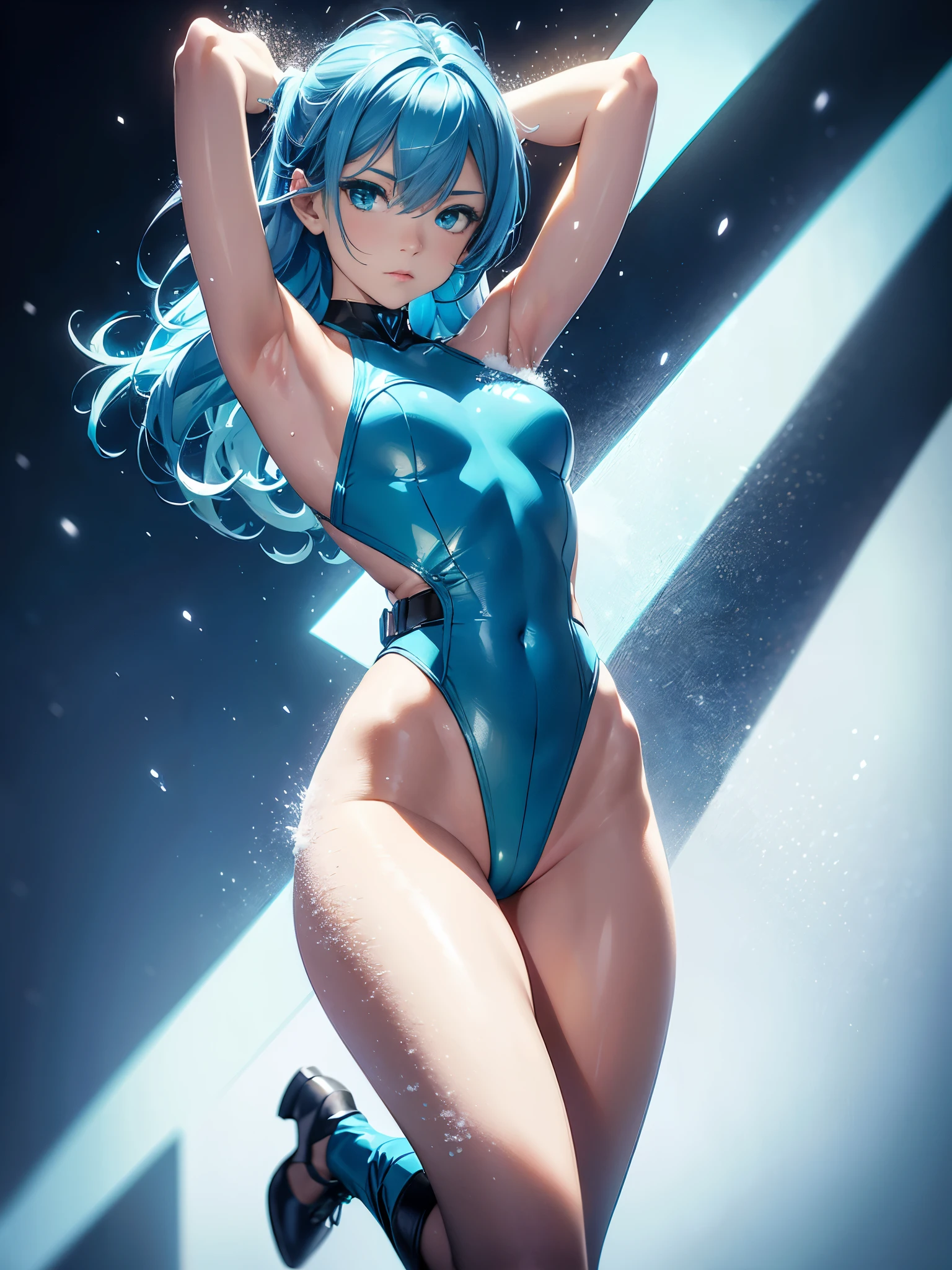 best quality, 32k, RAW photo, incredibly absurdres, extremely detailed, delicate texture, intelligent beauty, medium hair, (armpit-length hair, blue hair), aquamarine eyes, hair over one eye, (blue leotard with green accents), (tight belt), matching gloves, matching boots, ankle boots, close eyes, closed mouth, (body infused with frost, body infused with snow, powering up), cowboy shot, full body shot, raised arms, blue beam emitting from her body, straight legs,