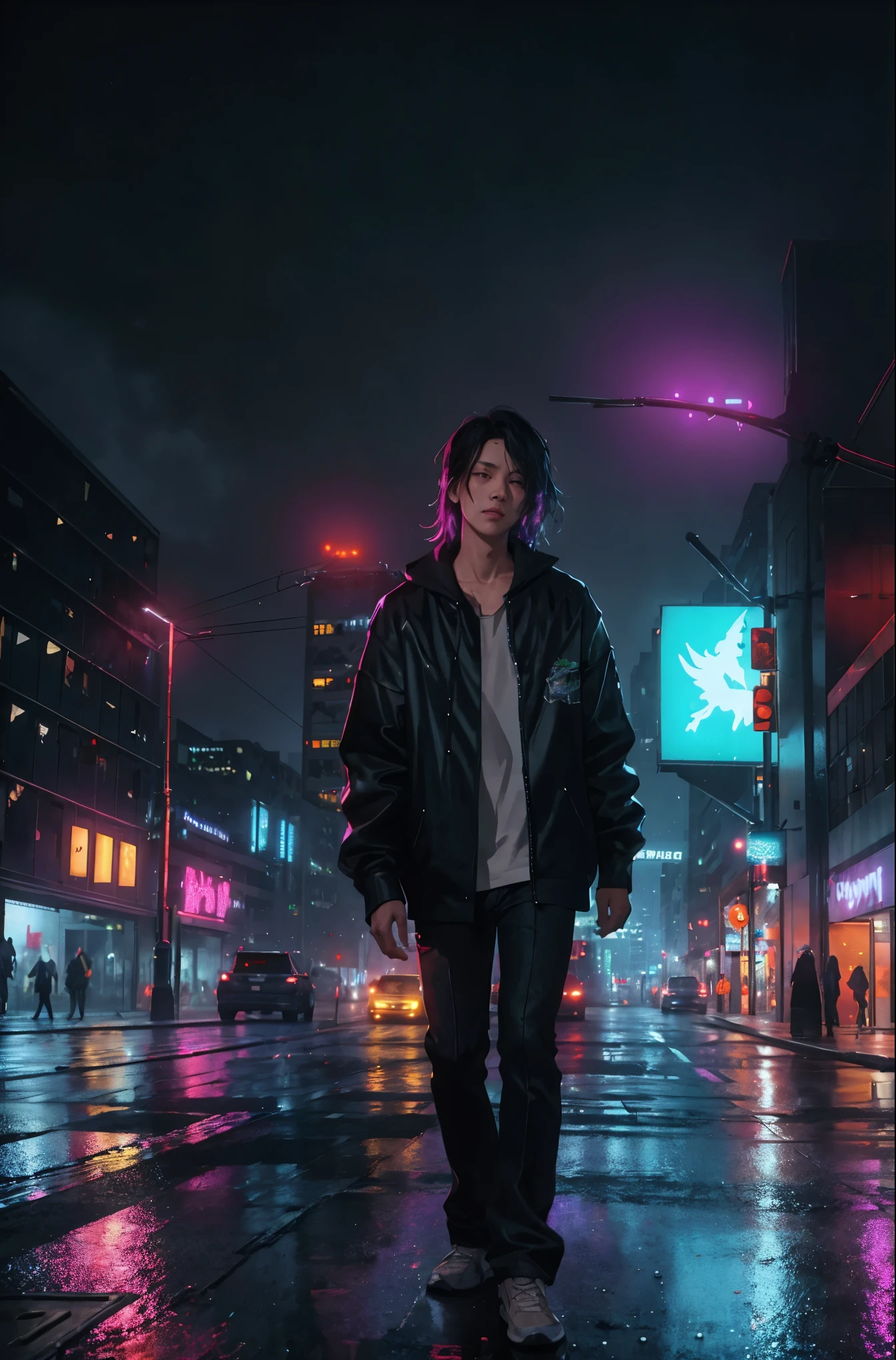 best quality,4k,8k,highres,masterpiece:1.2,ultra-detailed,realistic:1.37,dark,urban landscape,night city illuminated by buildings and cars,artistic,cityscape,contrasting lights and shadows,reflection in rain-wet pavement,vivid colors,bokeh,gritty,industrial,moody,loneliness,metropolitan,concrete jungle,twinkling city lights,skyscrapers,three-dimensional,graffiti walls,rain-soaked streets,hustle and bustle of the city,neon lights,urban decay,rain-drenched atmosphere,street photography,aesthetic,nightlife,haunting,streets filled with energy