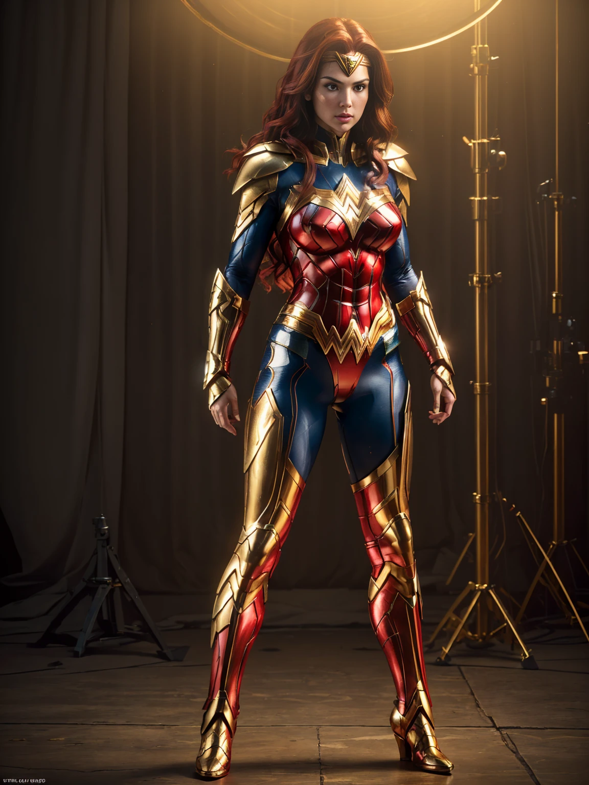 (((full body photo))) Wonder Woman (best quality,ultra-detailed,realistic:1.37),(studio lighting,HDR,vivid colors,physically-based rendering),(portrait),red-haired warrior with yellow eyes wearing a black and gold Superman armor,standing tall with feet on the ground