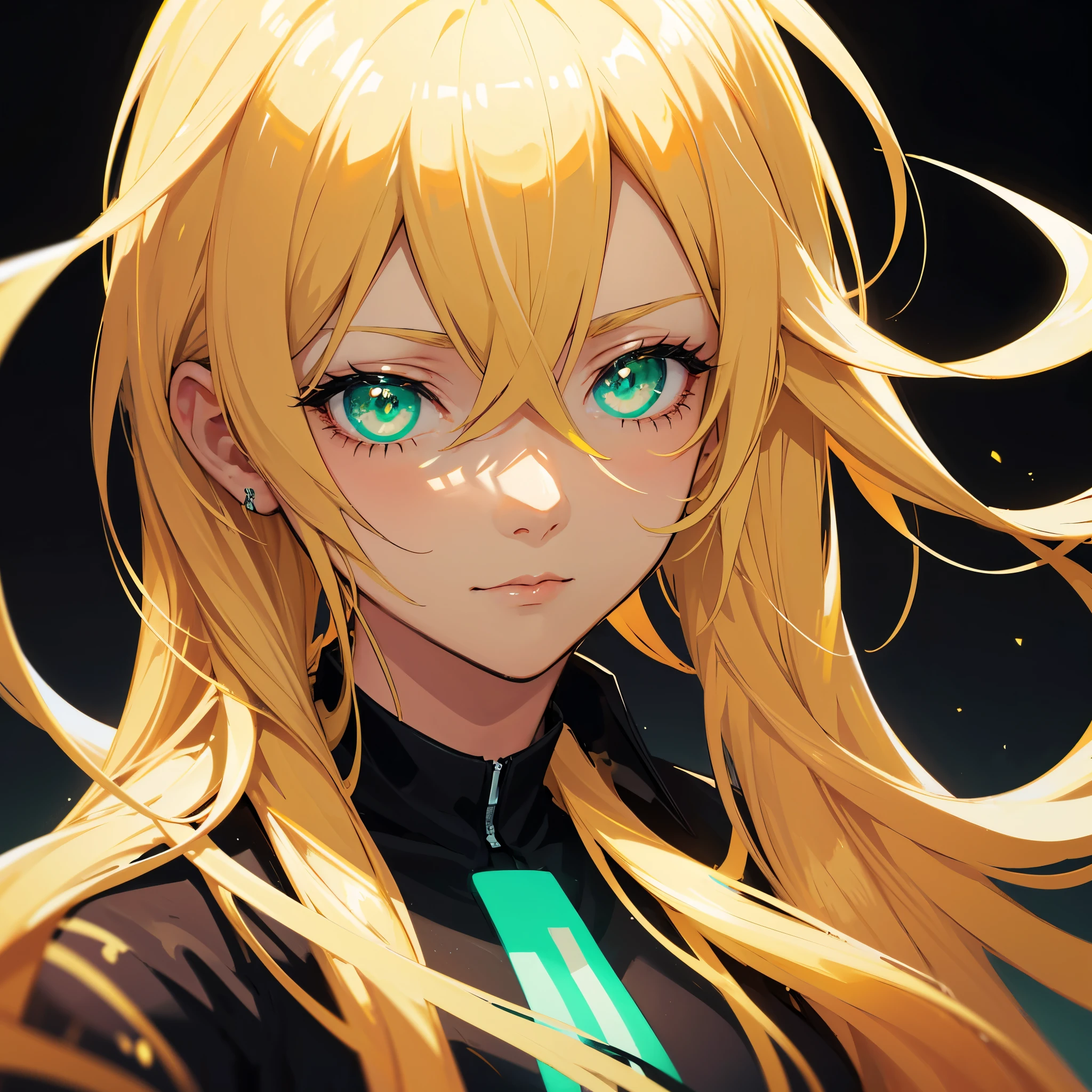 beautiful girl, close-up, darkness, dark picture, blonde hair, green neon eyes glowing in the dark, darkness, black background, light shine on the side of hair and fase, anime picture, perfect symmetrical eyes and pupils, mysterious look