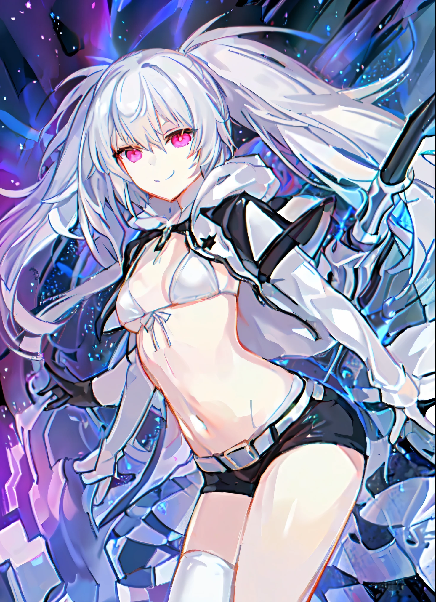 4k, 8k, (masterpiece, best quality), intricate details,1girl, pink eyes, white rock shooter, coat, collar, flat chest, jacket, long hair, soft grin, almost without feelings, scar, shorts, white bikini top, star \(symbol\), swimsuit, twintails, uneven twintails, clean atmosphere, cold atmosphere, chess desk floor, night sky, levitaiting