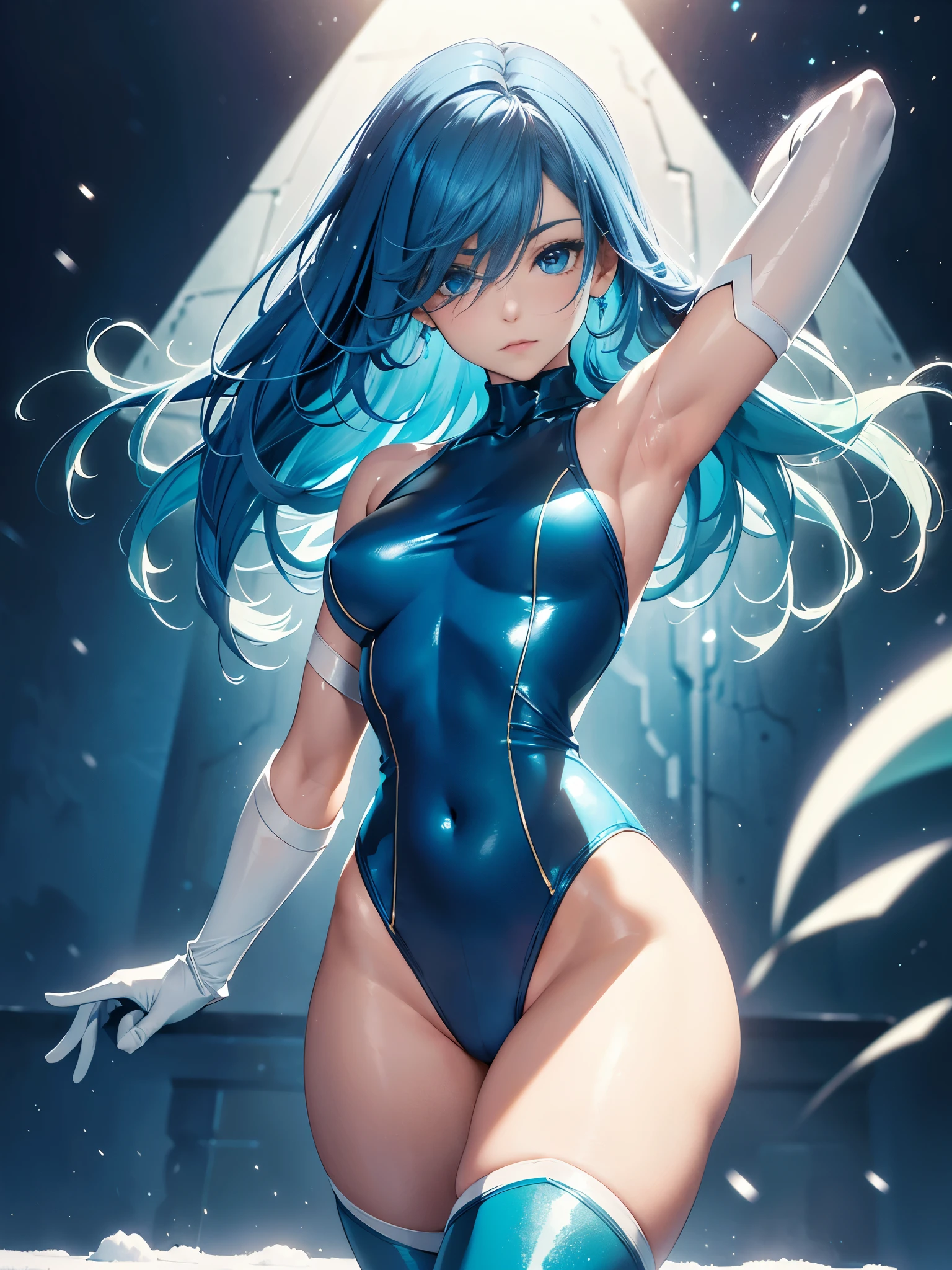 best quality, 32k, RAW photo, incredibly absurdres, extremely detailed, delicate texture, intelligent beauty, medium hair, (armpit-length hair, blue hair), aquamarine eyes, hair over one eye, (blue leotard with green accents), (tight belt), matching gloves, matching boots, ankle boots, close eyes, closed mouth, (body infused with frost, body infused with snow, powering up), cowboy shot, full body shot, raised arms, blue beam emitting from her body, straight legs,
