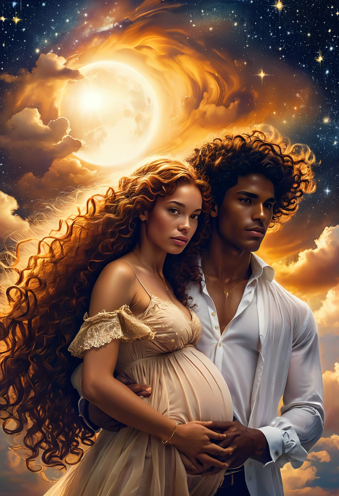 In a celestial landscape, four people dressed luxuous, they are all darkskin, (((young, in 20's))) (((two brown skin men and two brown skin woman))), (((two young brown skin long dark hair duke:1.3))), (((one brown skin blonde hair pregnant1.5 woman))) and (((one short brown hair woman))), (they are two différent and separate couple1.2). (Two couple of four people:1.2). The first couple is a brown skin duke long dark curly hair with a ginger long hair pregnant woman. The second couple is a brown skin duke curly dark hair with a short brown hair woman, (((ginger hair brown skin woman is pregnant and brownskin:1.5))) trying to kill him
