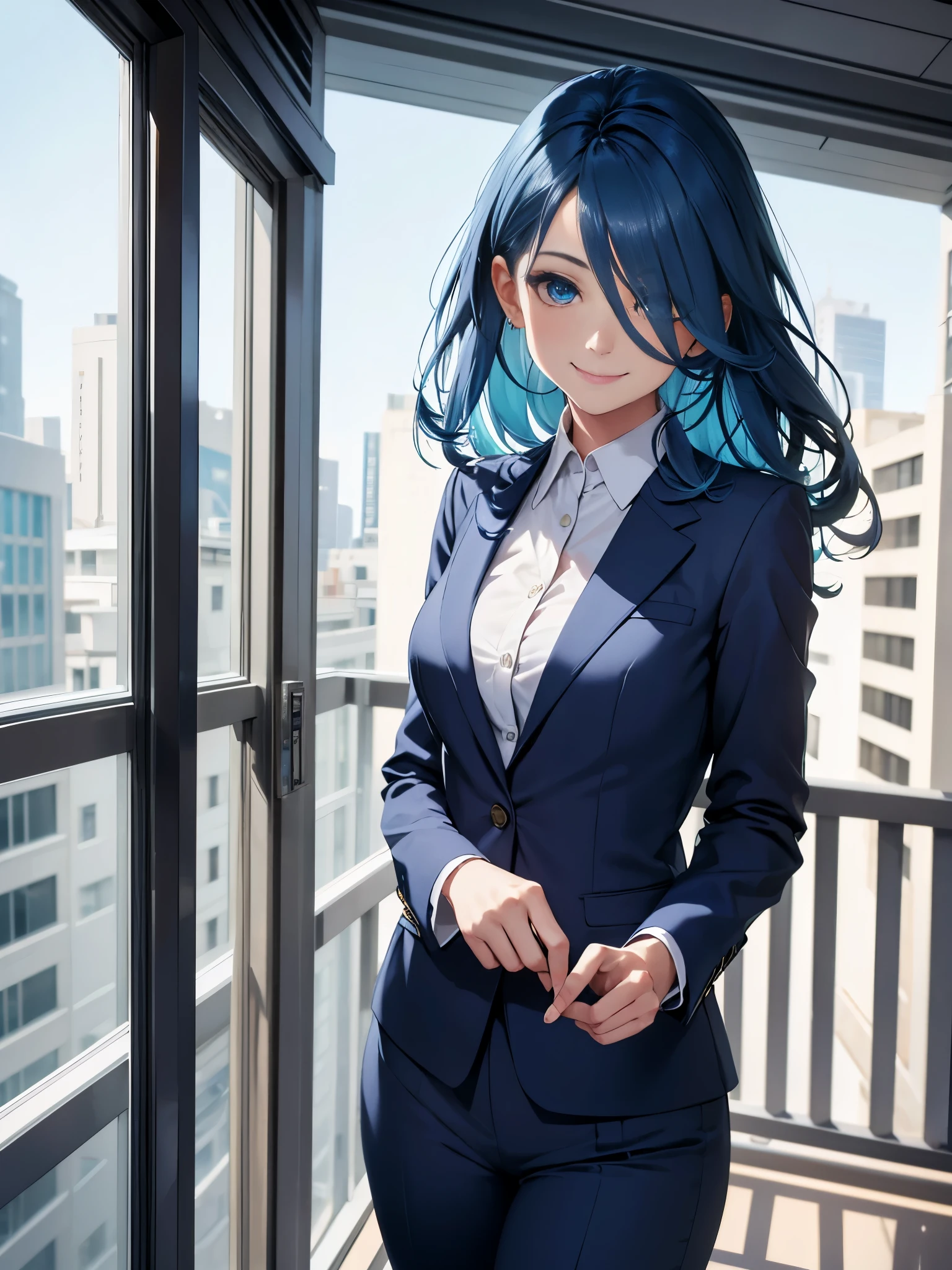 best quality, 32k, RAW photo, incredibly absurdres, extremely detailed, delicate texture, intelligent beauty, medium hair, shoulder-length hair, blue hair, aquamarine eyes, hair over one eye, wearing business pantsuit, playful, cute smile, closed mouth, outside office balcony