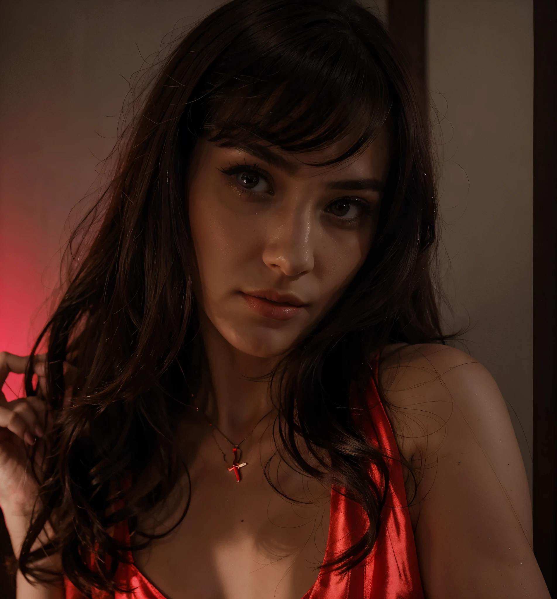beautiful girl holding a black tablet, the girl is wearing a red blouse made of flowing silk, beautiful hair, red manicure, neon light background, neon lamps, White neon, red neon, realism, f12, girl looking straight at the camera with hair below her shoulders,