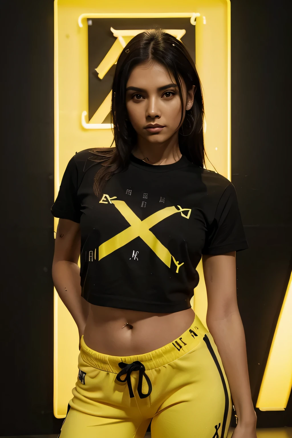 remera negra con logo "X" en color amarillo y blanco, Mejor calidad, (Fondo de pantalla neon CG Unity 8k muy detallado) (Mejor calidad) estilo de baile urbano