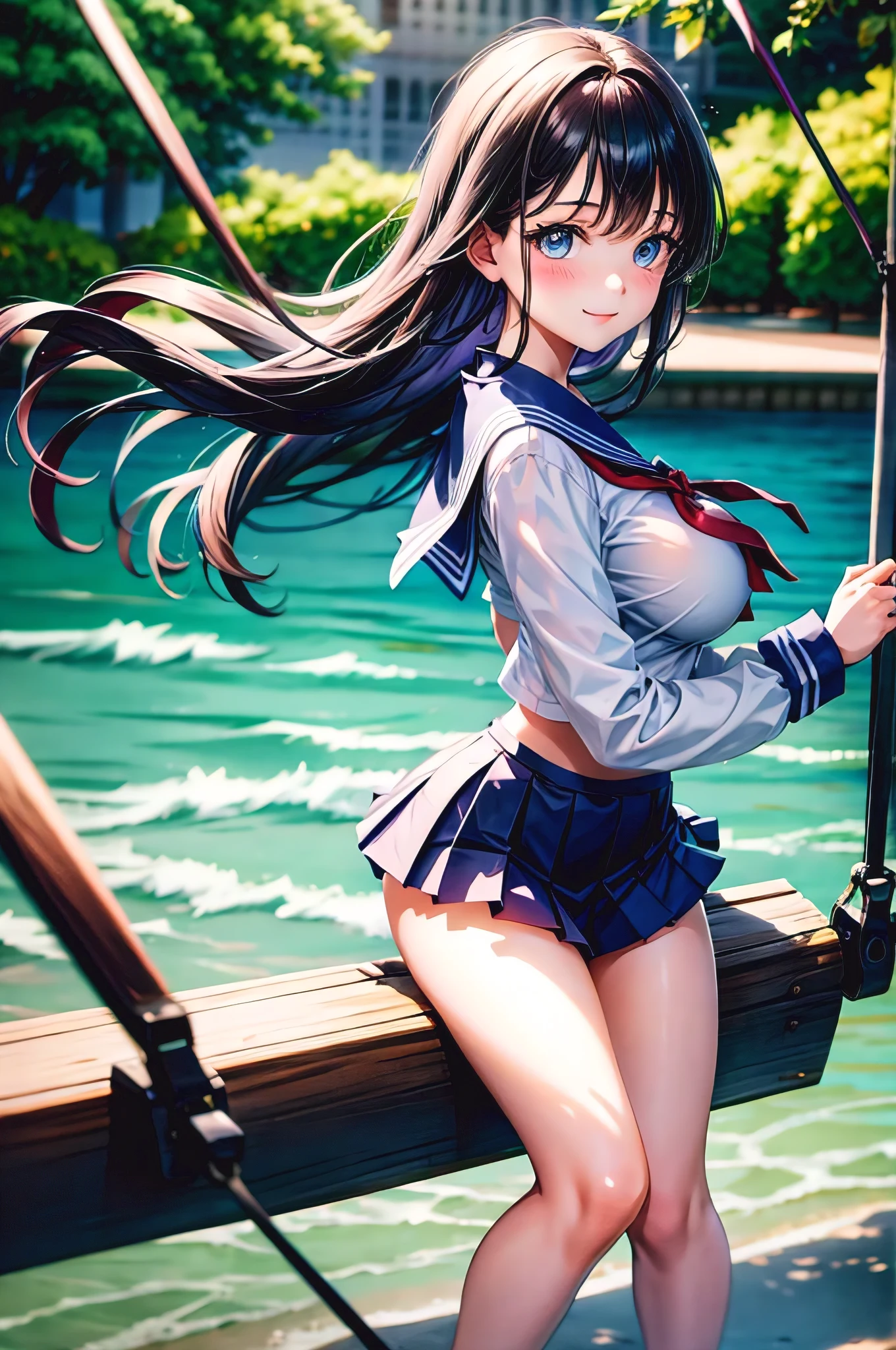 1 girl, 17yo, beautiful girl, detailed face, transparent beauty, cute eyes, deep and fine eyes, sgardenling eyes, (Beautiful eyes with shiny light blue reflections), smile, glossy black hair, school sailor uniform, (pleated mini skirt), Floating skirt, wind lift, ((big breasts)), (shoot from behind), looking at the viewer, whole body, Riding on a swing,garden, Super detailed, highest quality, 4K quality,