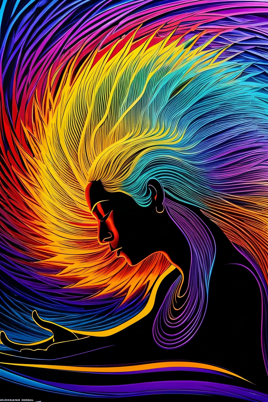 Abstract representation of a human soul silhouette meditating, highly detailed, vibrant colours
