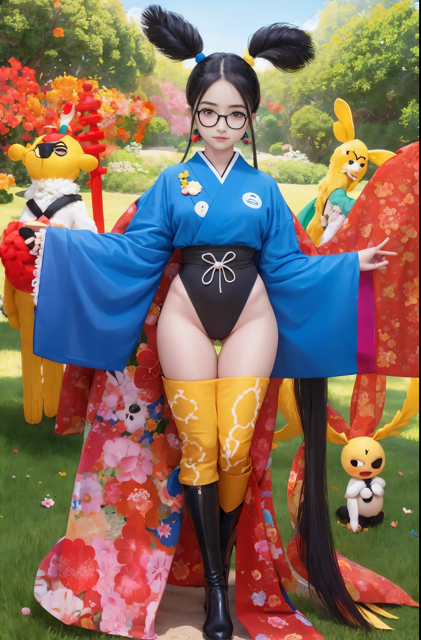 (X-ray vision:1.1), 1 chica, de pie, pezones, kimono, al aire libre, pechos grandes, orejas de zorro, obi, faja, ropa japonesa, parte superior del cuerpo, (Vista de gafas:1.2)mangas largas, mangas anchas, brazos a los costados,adorno para el pelo,