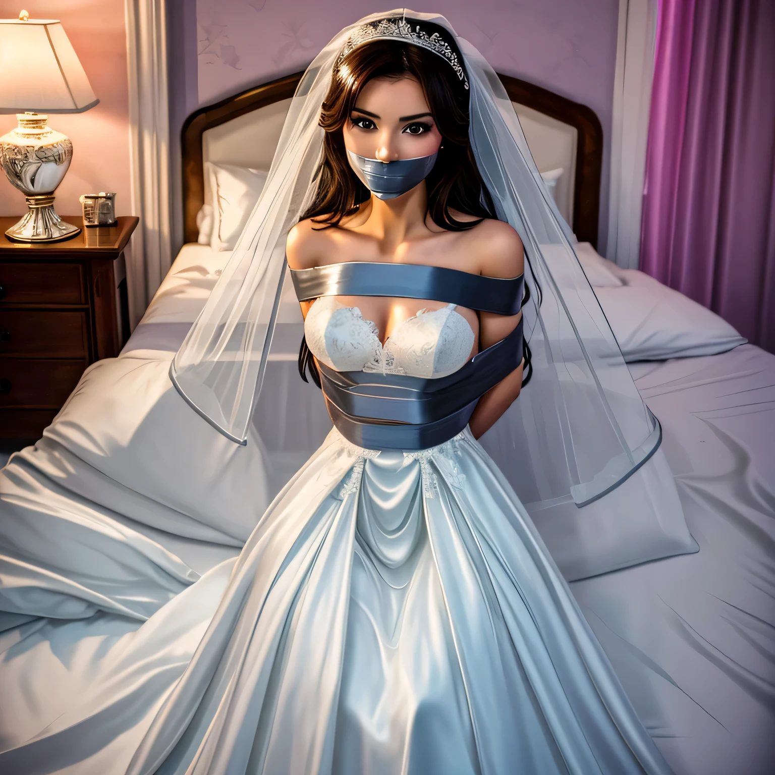 (bright lighting,romantic setting),bride captured, dreamy background,bondage,dark hair, mesmerizing gaze, , soft skin, alluring beauty, artistic portrait, high-quality image, vibrant colors, long silk gown, in the bed,tape bondage,tape gag, mosquito net, bridal