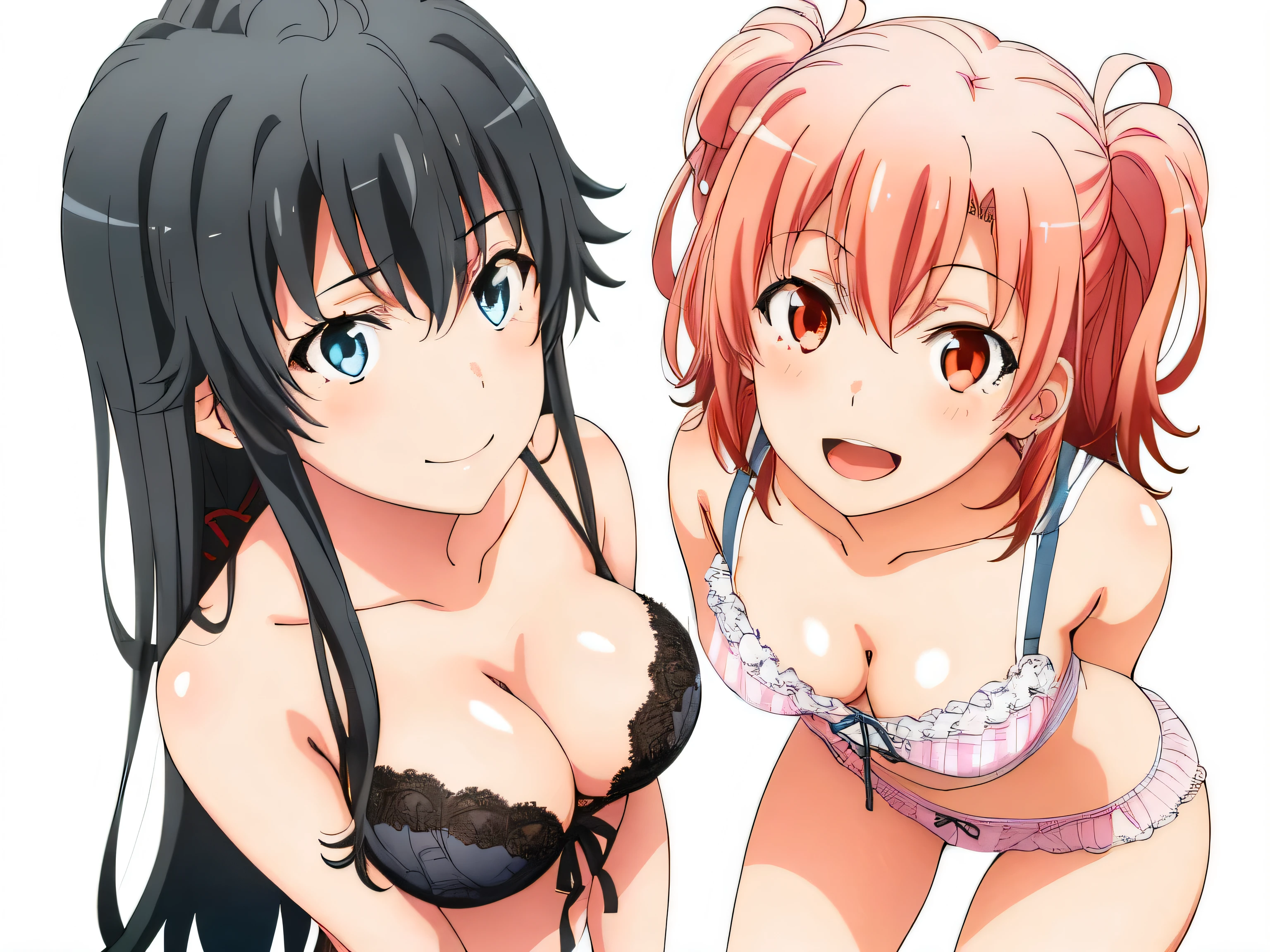 ((2 girls:1.0)), (Yuigahama Yui shapely breasts),(Yukinoshita Yukino),No background,In underwear,,Ribbon on panties,Two people wearing pink pants,,thighs,knees,calf,front,looking at camera,(high angle),open your mouth,smile,Panoramic view of the head,beautiful eyes,
