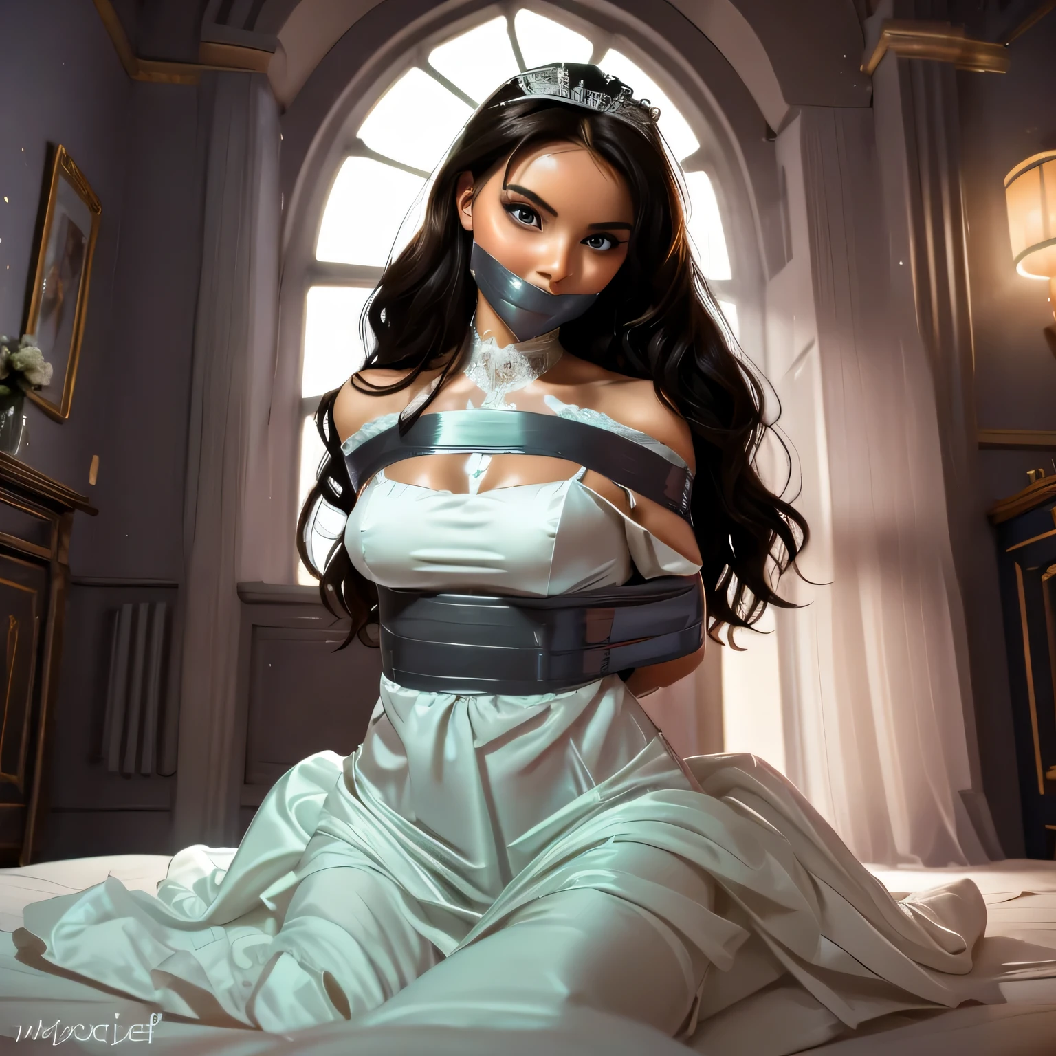 (bright lighting,romantic setting),bride captured, dreamy background,bondage,dark hair, mesmerizing gaze, , soft skin, alluring beauty, artistic portrait, high-quality image, vibrant colors, long silk gown, in the bed,tape bondage,tape gag, mosquito net, bridal,pov
