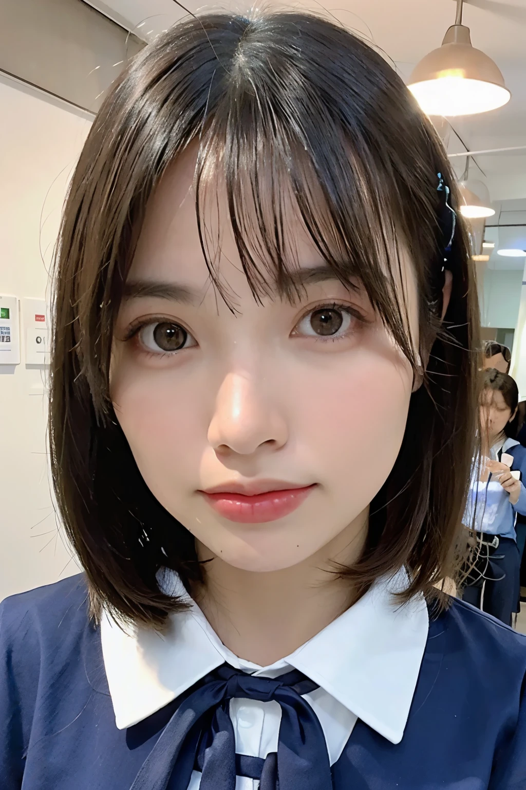 Mejor calidad, enfoque facial, luz tenue, ultra high resolution, (fotorrealista:1.4), foto cruda, 1 chica japonesa, solo, lindo, (shy smile:0.5), (Brown eyes, luces en los ojos), cara hermosa detallada, (),(High resolution detail of human skin texture.), (pelo corto), ROMPER, en el salon de clases,uniforme escolar azul marino, chaleco, falda