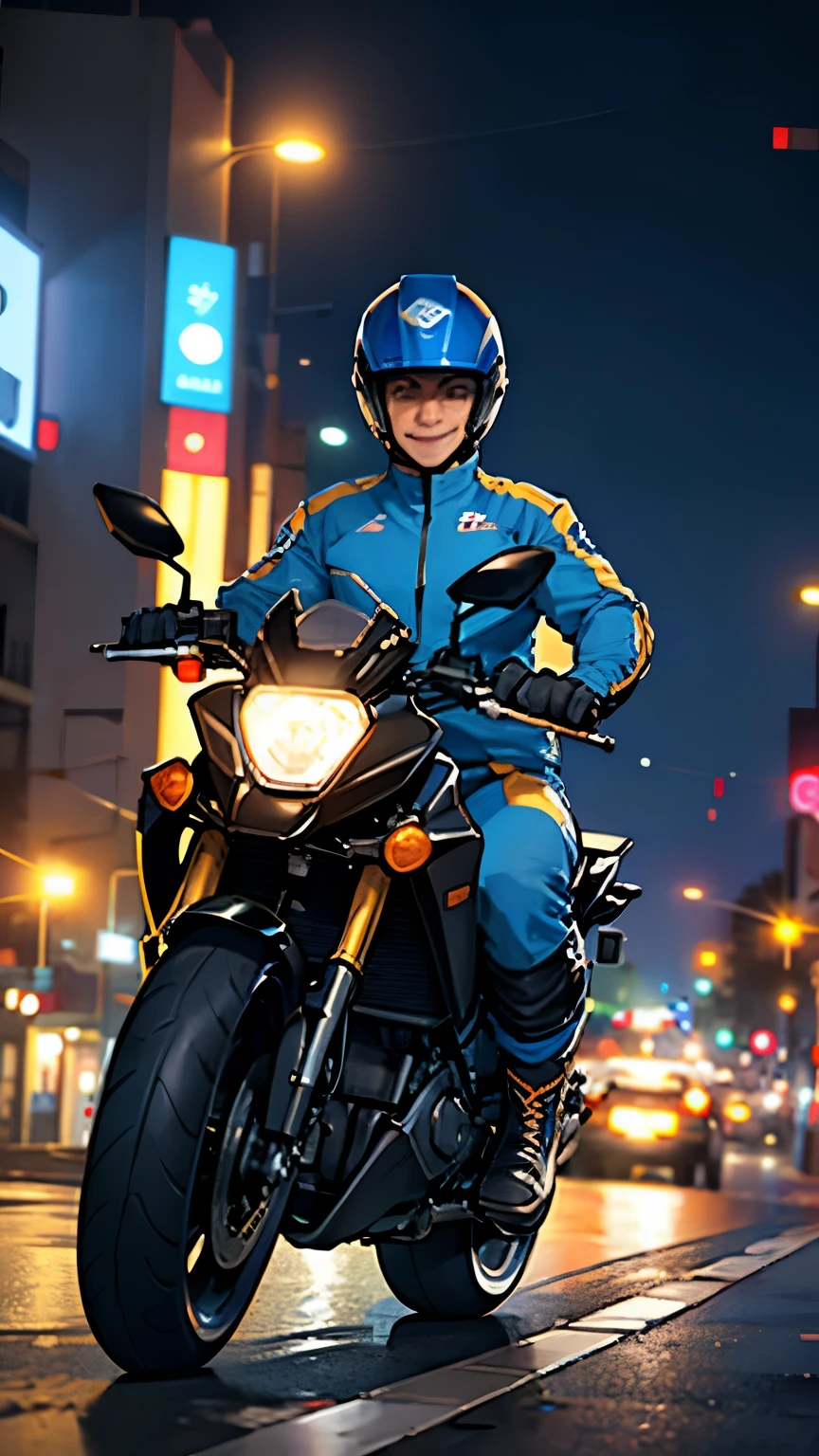 Biker man on his BAJAJ pulsar ns 200 motorcycle with a birthday hat waving with a smile in a blue uniform with the background of the city of Bogota at night with the background out of focus