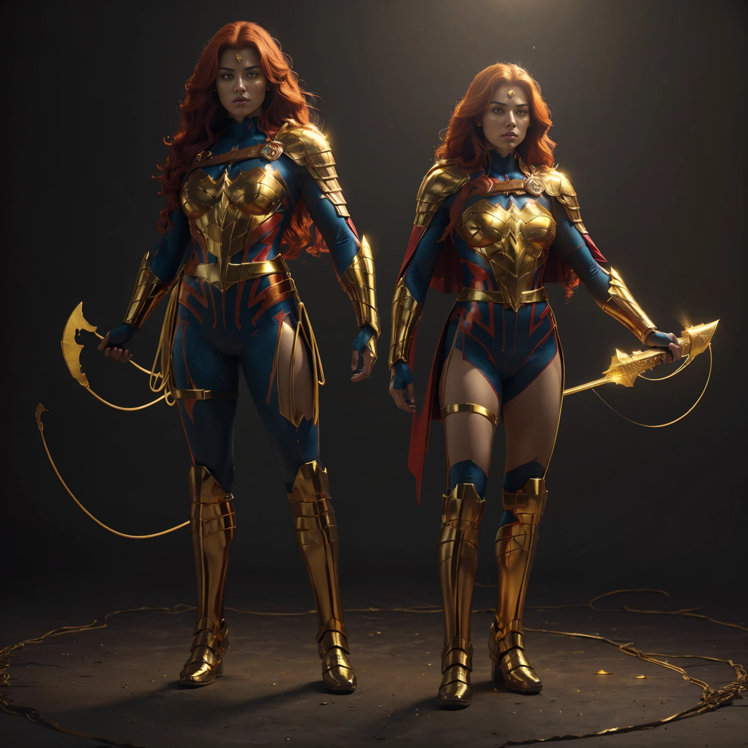 (((full body photo))) Yara Flor, a cape over the shoulders (best quality,ultra-detailed,realistic:1.37),(studio lighting,HDR,vivid colors,physically-based rendering),(portrait),red-haired warrior with yellow eyes wearing a black and gold Superman armor,standing tall with feet on the ground