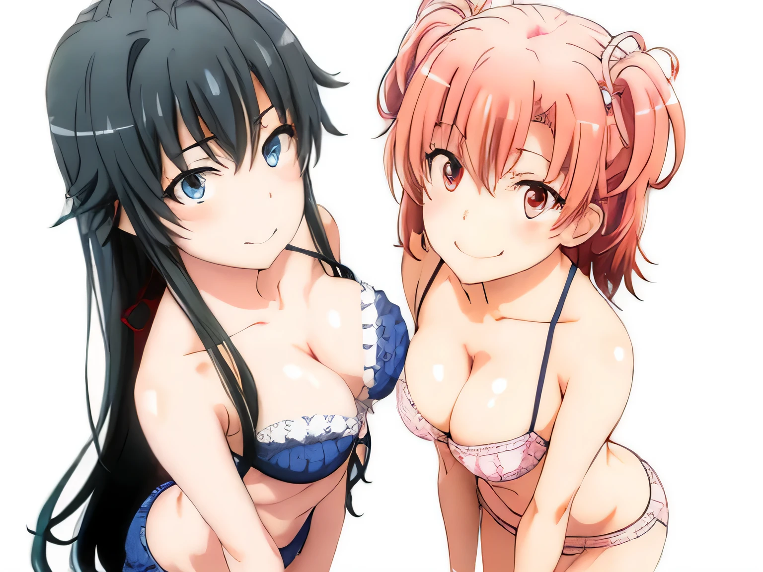 ((2 girls:1.0)), (Yuigahama Yui shapely breasts),(Yukinoshita Yukino),no background,In underwear,,Ribbon on panties,Two people wearing pink panties,,thighs,knees,calf,front,looking at camera,(high angle),open your mouth,smile,Panoramic view of the head,beautiful eyes,