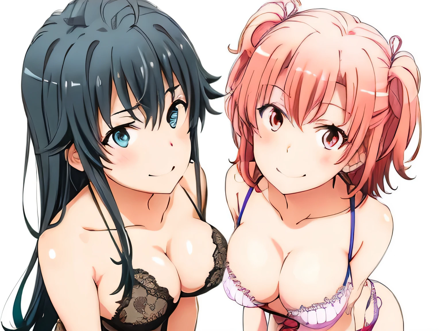 ((2 girls:1.0)), (Yuigahama Yui shapely breasts),(Yukinoshita Yukino),no background,In underwear,,Ribbon on panties,Two people wearing pink panties,,thighs,knees,calf,front,looking at camera,(high angle),open your mouth,smile,Panoramic view of the head,beautiful eyes,