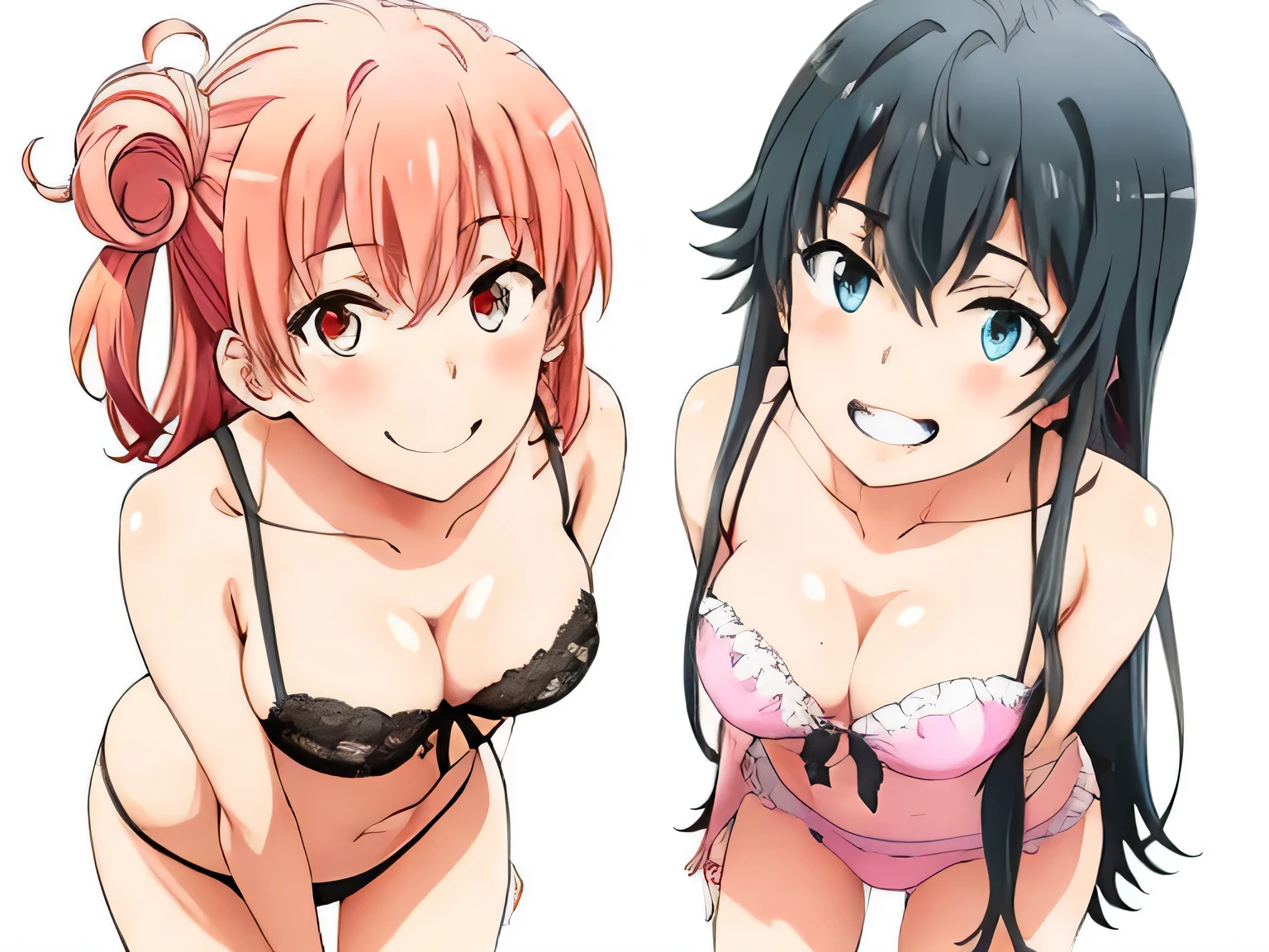 ((2 girls:1.0)), (Yuigahama Yui shapely breasts),(Yukinoshita Yukino),no background,In underwear,,Ribbon on panties,Two people wearing pink panties,,thighs,knees,calf,front,looking at camera,(high angle),open your mouth,smile,Panoramic view of the head,beautiful eyes,
