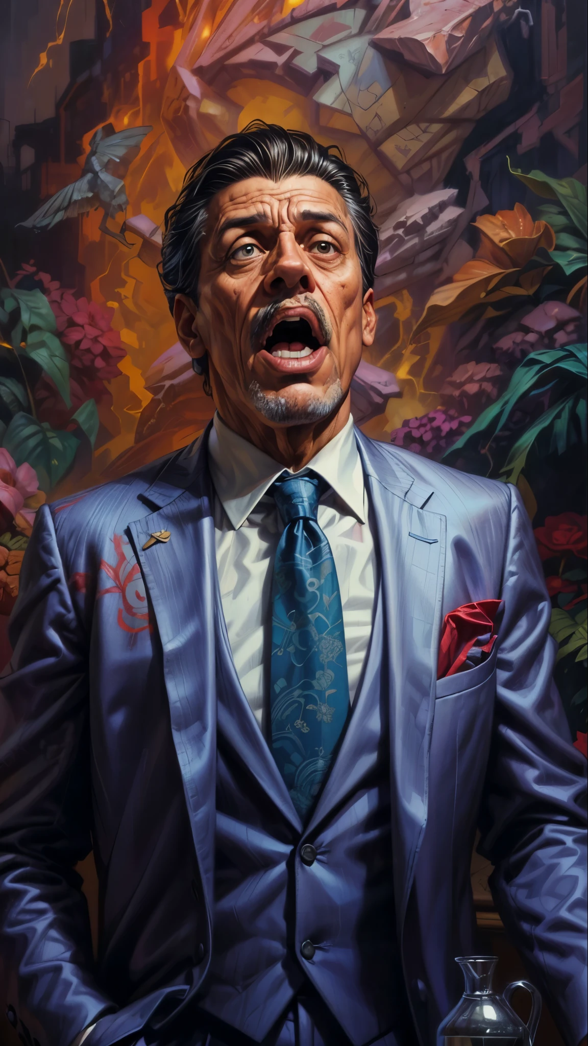 a man in a suit and tie with a surprised look, boris villajo, portrait of jordan peterson, incredible, portrait of danny trejo, hyper real, an epic, hyperrealistic jeff goldblum, stunning artwork, detailed 4k, powerful ilustration, amazing art, realistic illustrativ, amazing art