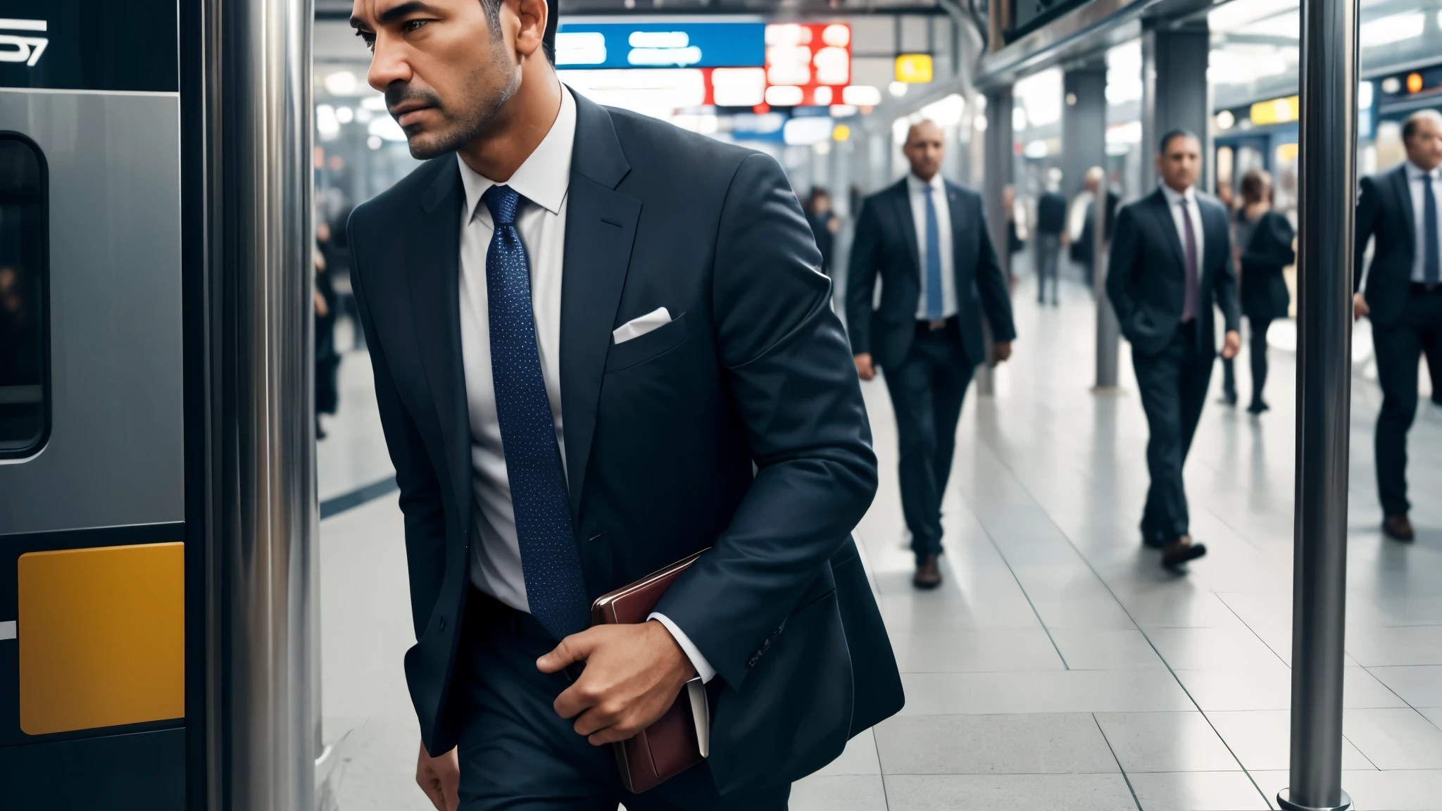 Amidst the crowded motion of people rushing at the train station, a close-up of a businessman's intense face portrays a contrast of calmness and determination. His suit and tie complement the vibrant, realistic, and highly detailed surroundings. The image presented in ultra-high-definition 8K resolution showcases every wrinkle, pore, and textured fabric, capturing the essence of a photo-realistic moment. The depth of field highlights the businessman's face, with a shallow focus on the hustle and bustle behind him, creating an engaging and immersive scene. Cinematic lighting with a balanced mix of natural and artificial light further emphasizes the intricacies of the