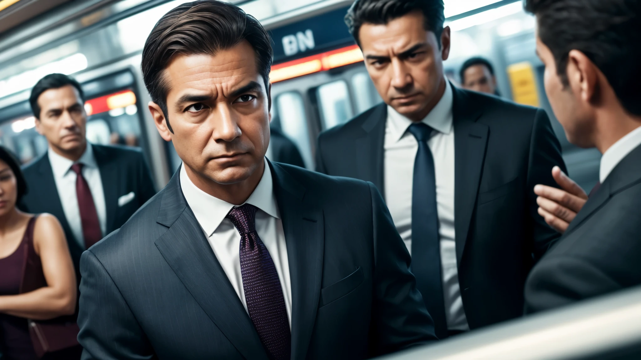 Amidst the crowded motion of people rushing at the train station, a close-up of a businessman's intense face portrays a contrast of calmness and determination. His suit and tie complement the vibrant, realistic, and highly detailed surroundings. The image presented in ultra-high-definition 8K resolution showcases every wrinkle, pore, and textured fabric, capturing the essence of a photo-realistic moment. The depth of field highlights the businessman's face, with a shallow focus on the hustle and bustle behind him, creating an engaging and immersive scene. Cinematic lighting with a balanced mix of natural and artificial light further emphasizes the intricacies of the