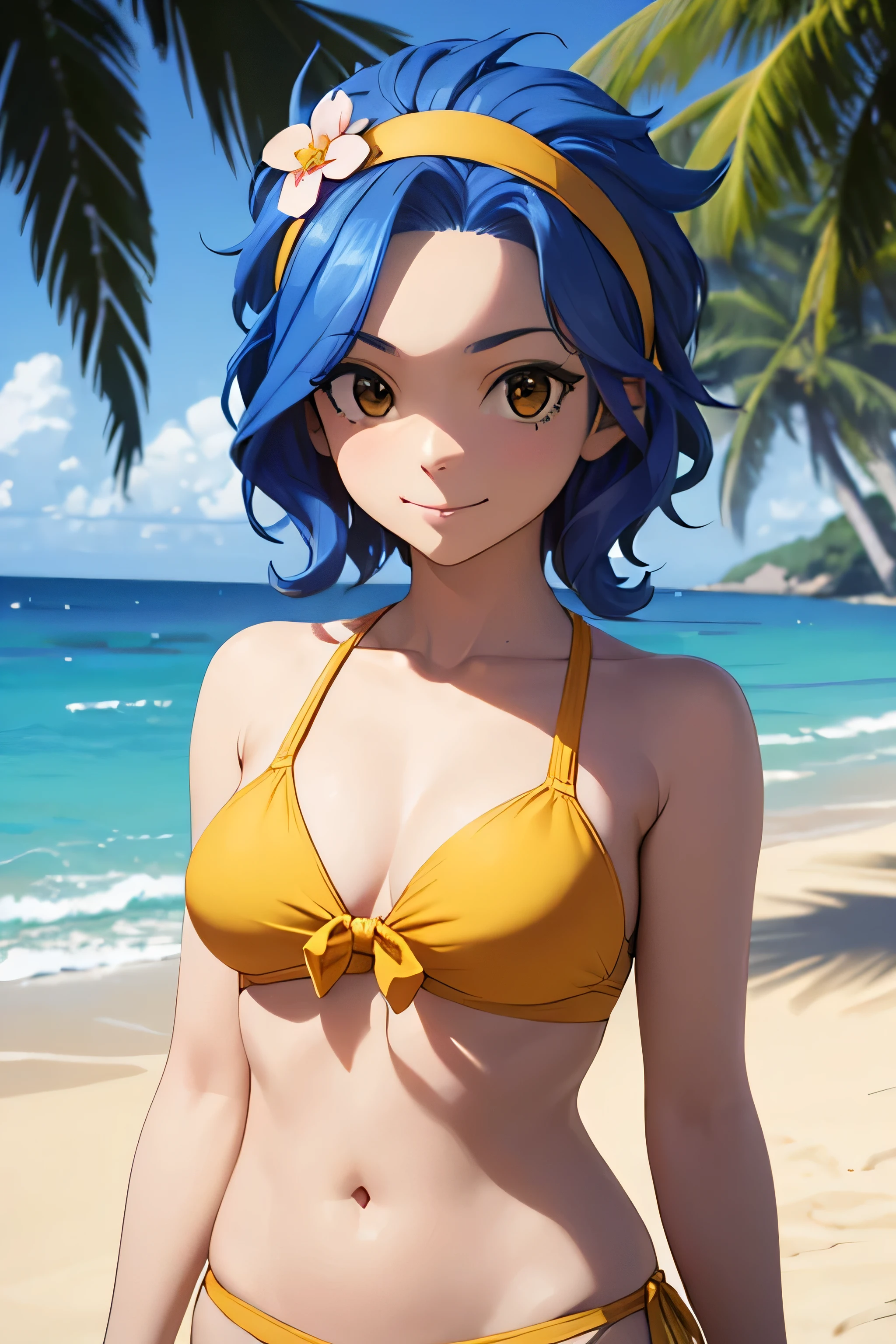 absurdres, high res, ultrasharp, 8K, {masterpiece}, expressive eyes, extremely detailed, best quality, perfect face, LEVY MCGARDEN, (BROWN EYES:1.35), BLUE HAIR, SHORT HAIR, SIDELOCKS, {yellow hair band}, hair flower, medium breasts, light smile, beach, bikini, contrapposto,