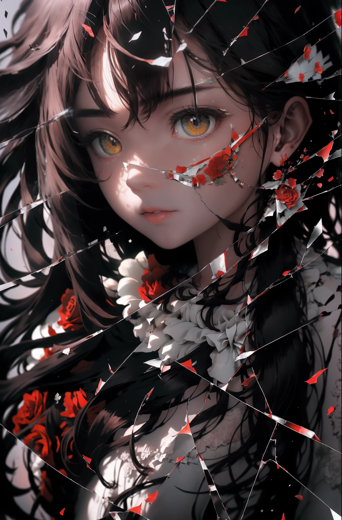 (best quality,ultra-detailed),(photorealistic:1.37),red eyes,detailed face,girl alone,deep emotions,red rose,bloody tears,vivid colors,pale skin,soft lighting,colorful background,fantasy elements,floating petals,twilight scene,ethereal beauty,haunting atmosphere,sorrowful expression,single tear drop,dark red lipstick,long dark lashes,whispering shadows,dreamlike,emotional portrait,single red rose,delicate features,intense gaze,reflections in eyes,subtle blush,fragile pose,serene yet mysterious,pure innocence,pain and beauty intertwined