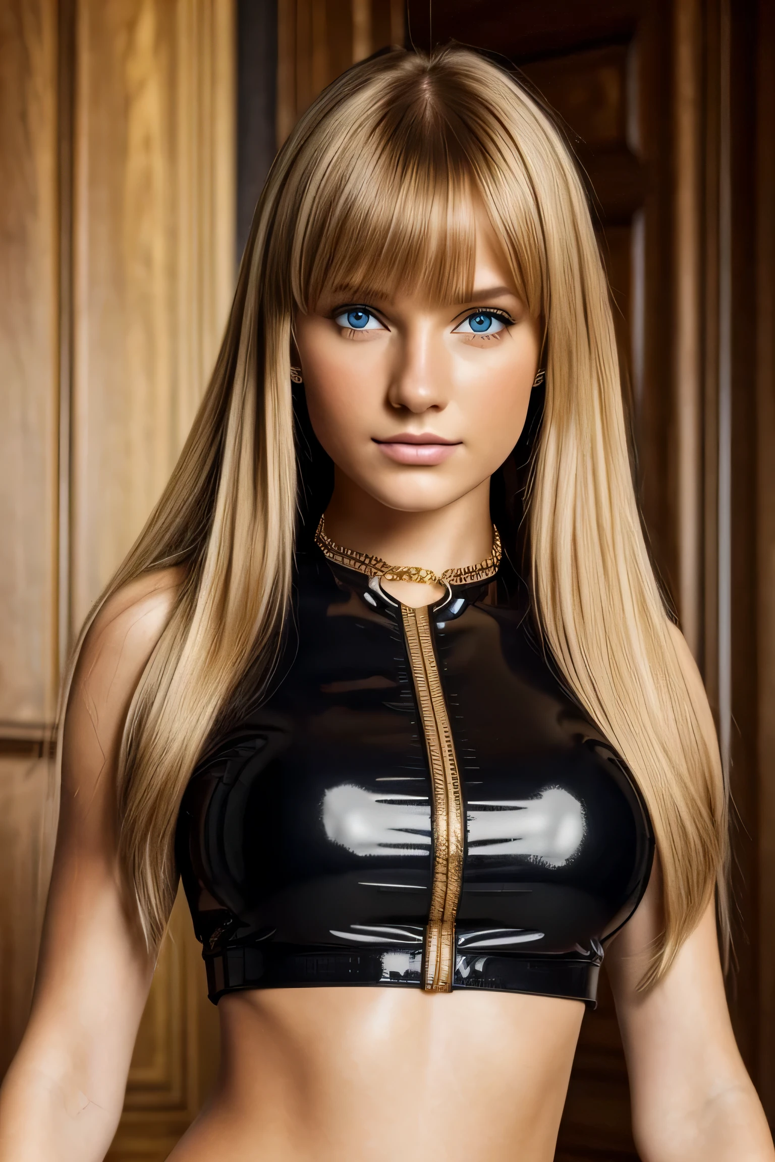 good quality, best quality, photo-Realistisch, Rohfoto, Realistisch, ultra Realistisch 8k cg, ultradetailliert, high resolution, Meisterwerk, 1girl, 19 Jahre alt, langes goldblondes Haar, bangs, blaue Augen, Detailliertes Gesicht und Augen, Nahaufnahme, Komplizierte Details, Detaillierte Textur, fein detailliert, Latex-Crop-Top, Schmuck um den Hals, medium breasts