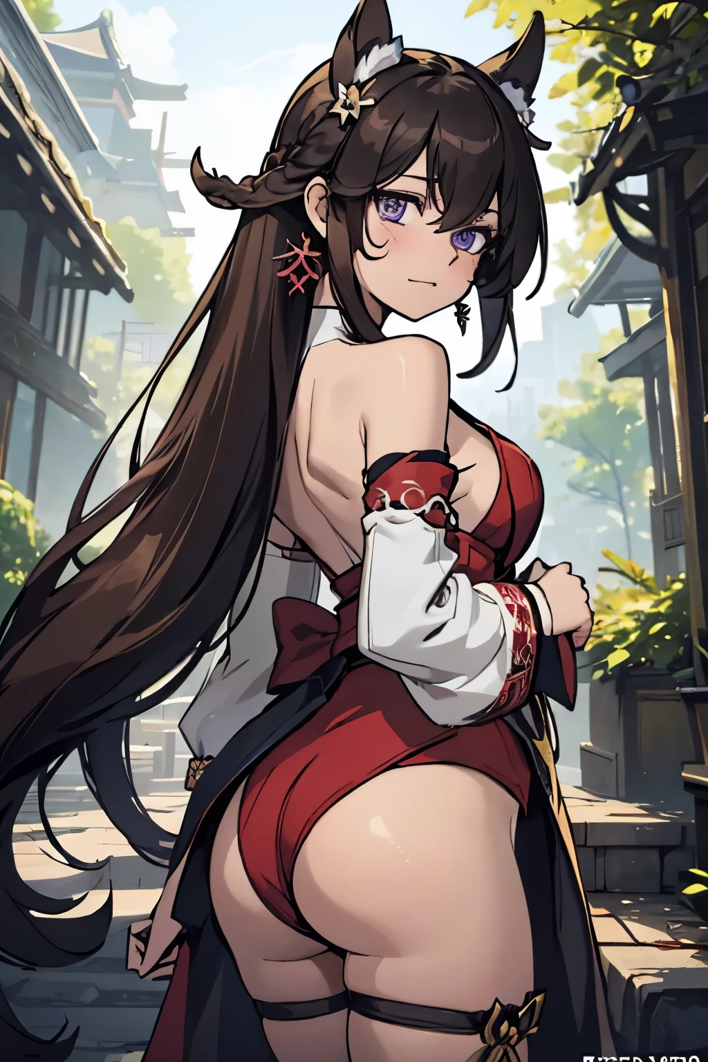 (Ultra Real), (Illustration), (High Resolution), (8K), (Very Detailed), (Best Illustration), (Beautiful Detailed Eyes), (Best Quality), (Ultra Detailed), (Masterpiece) Large breasts, Bare shoulders attractive legs, (busty), (perky) (large ass) (bubble butt) human_feet, messy hair, yae miko, animal ears, floppy ears, fox ears, hair between eyes, long hair, brown hair, (purple eyes:1.1), brown hair, barefoot, bare shoulders, detached sleeves, earrings, hair ornament, japanese clothes, long sleeves, sideboob, thigh strap, thighs, wide sleeves, sideass, IncrsAhriDynasty, facial mark