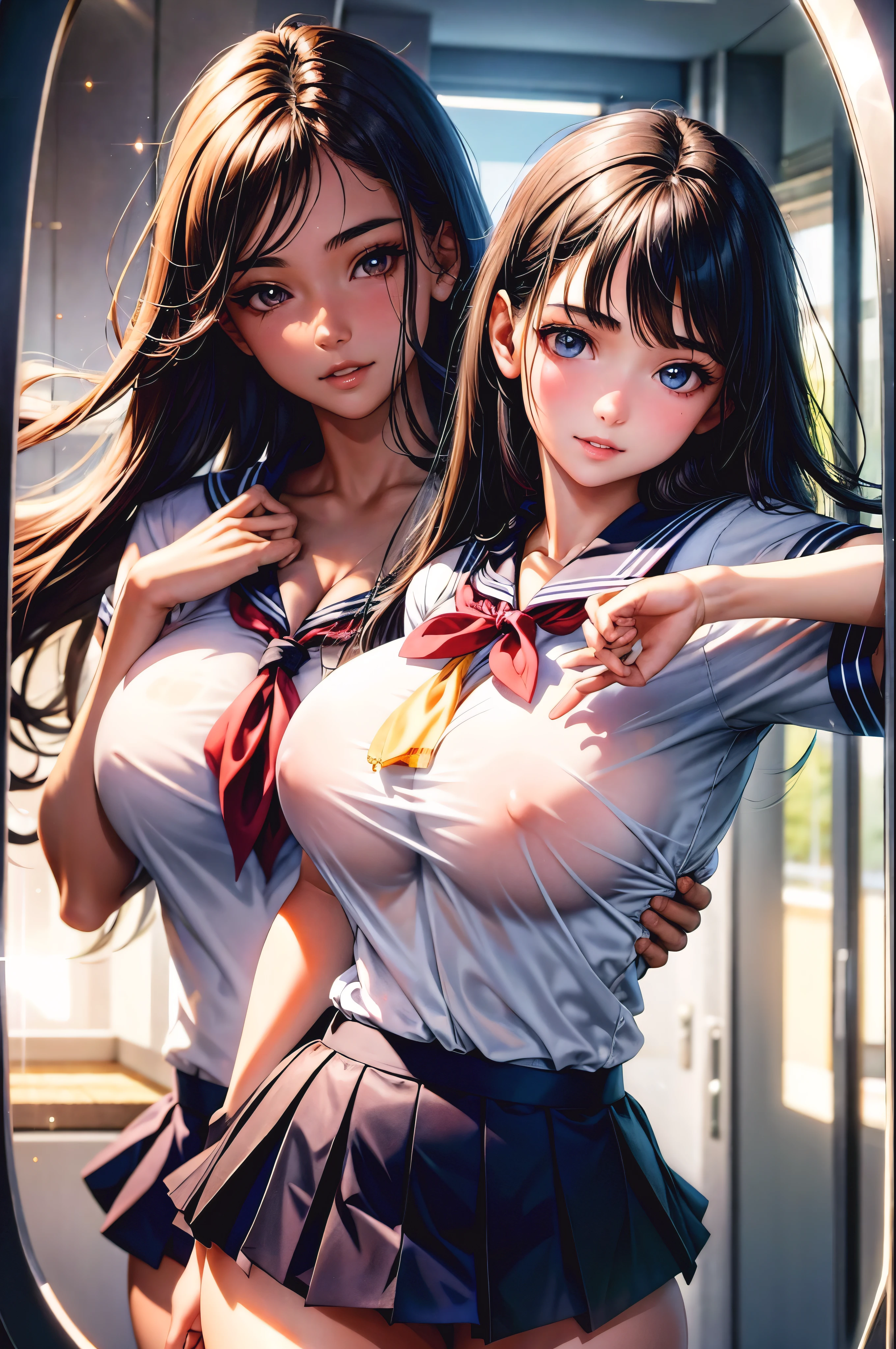 1 girl, yo, beautiful girl, Super detailed, highest quality, perfect face, detailed face, transparent beauty, realistic, cute eyes, deep and fine eyes,perfect eyes, sparkling eyes, (Beautiful shiny brown eyes with reflection), Expectant smile, parted lips, glossy black hair, school sailor uniform, ((big breasts)), looking at the viewer,