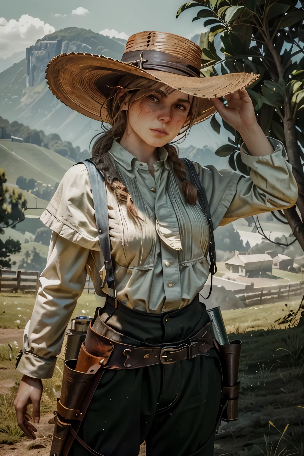 ((ultra detalhado, obra de arte, melhor qualidade))
RDR2Sadie, 1 garota, Sozinho, Cabelo loiro, Em meio a uma paisagem de pradaria, wide-brimmed hat, a luz do sol da hora dourada banhando o campo aberto, standing with hand on a holstered revolver